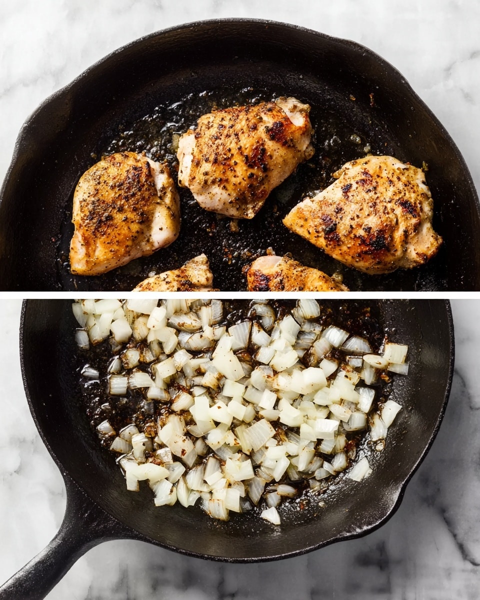 In the first part of the image, four pieces of seasoned cooked chicken sit in a black cast iron pan, each piece showing a golden brown color with some charred spots on a white marbled surface below. In the second part, the same pan contains small diced white onion pieces scattered over a dark, oily base with some browned bits from the chicken, all resting on the same white marbled surface photo taken with an iphone --ar 4:5 --v 7