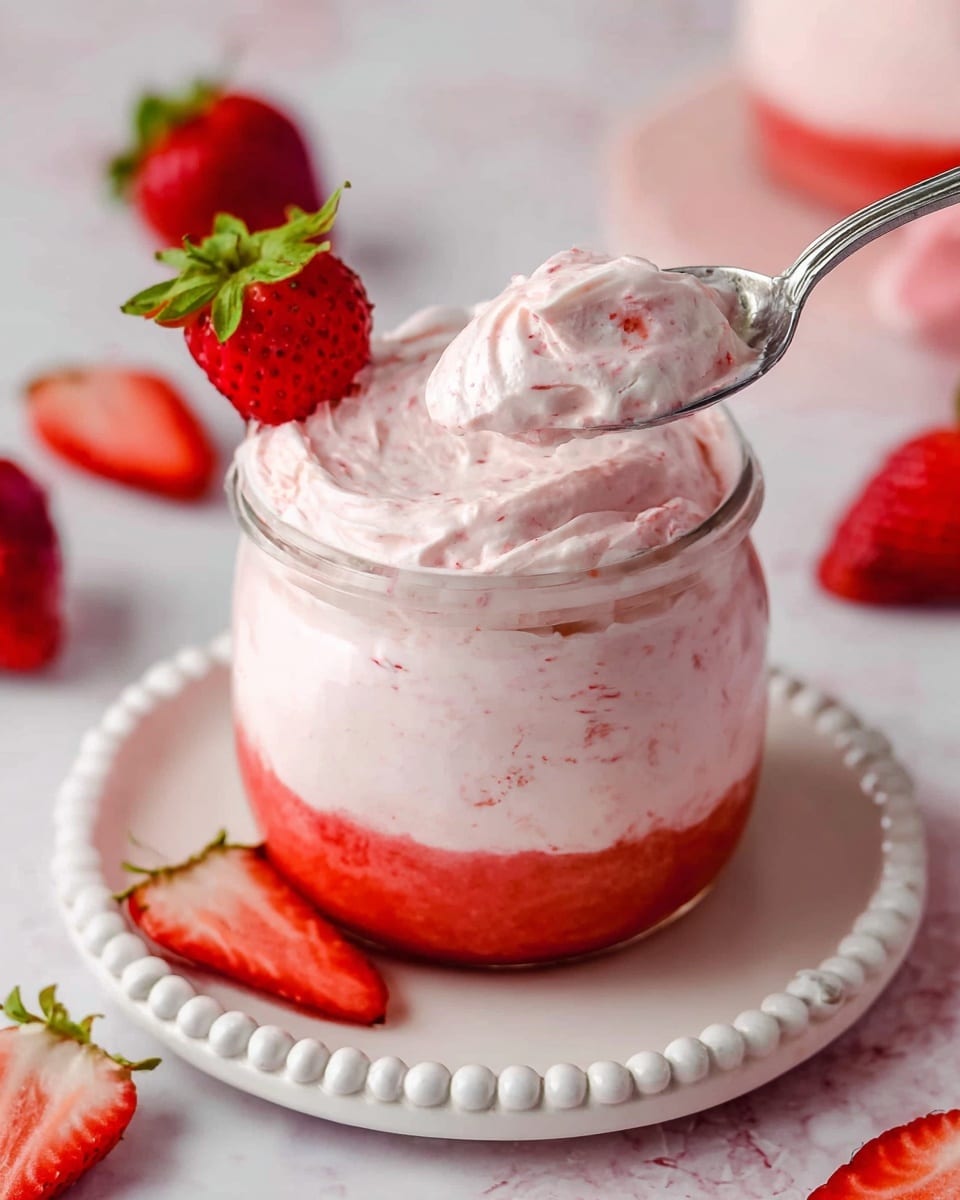 A clear glass jar shows two visible layers, with a bright red, smooth strawberry layer at the bottom, topped by a light pink, fluffy creamy layer with tiny red specks, swirled at the surface. A halved strawberry with green leaves sits on top to the side. A silver spoon is scooping some cream from the jar. The jar is placed on a white plate with round bead details around the edge, all set on a white marbled surface with fresh strawberry halves and tops scattered around. Photo taken with an iphone --ar 4:5 --v 7
