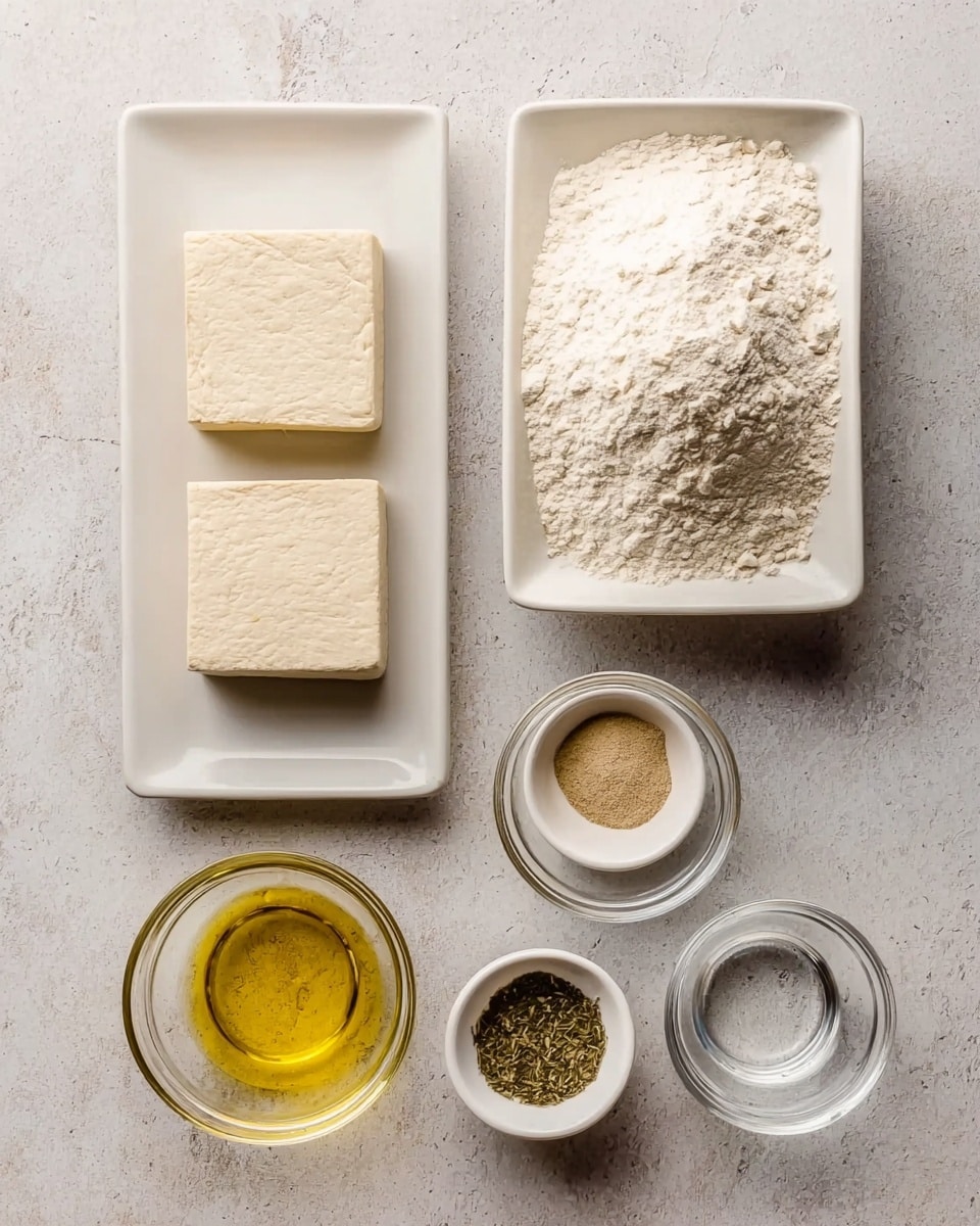 A top-down view of six ingredients arranged neatly on a white marbled surface. On the left, two rectangular blocks of light beige tofu sit side by side on a white rectangular plate. To the right, in a large white bowl, there is a mound of fine white flour with a soft texture. Below the flour, there are two clear glass bowls placed one above the other: the upper bowl contains a golden yellow liquid, likely oil, with a smooth shiny surface, while the lower bowl holds a transparent liquid, possibly water. Above the tofu plate, two small white round bowls hold different powders or spices; the left bowl contains a light tan powder, and the right bowl has greenish dried herbs. All items are spaced evenly on the white marbled background, creating a clean and organized look. photo taken with an iphone --ar 4:5 --v 7