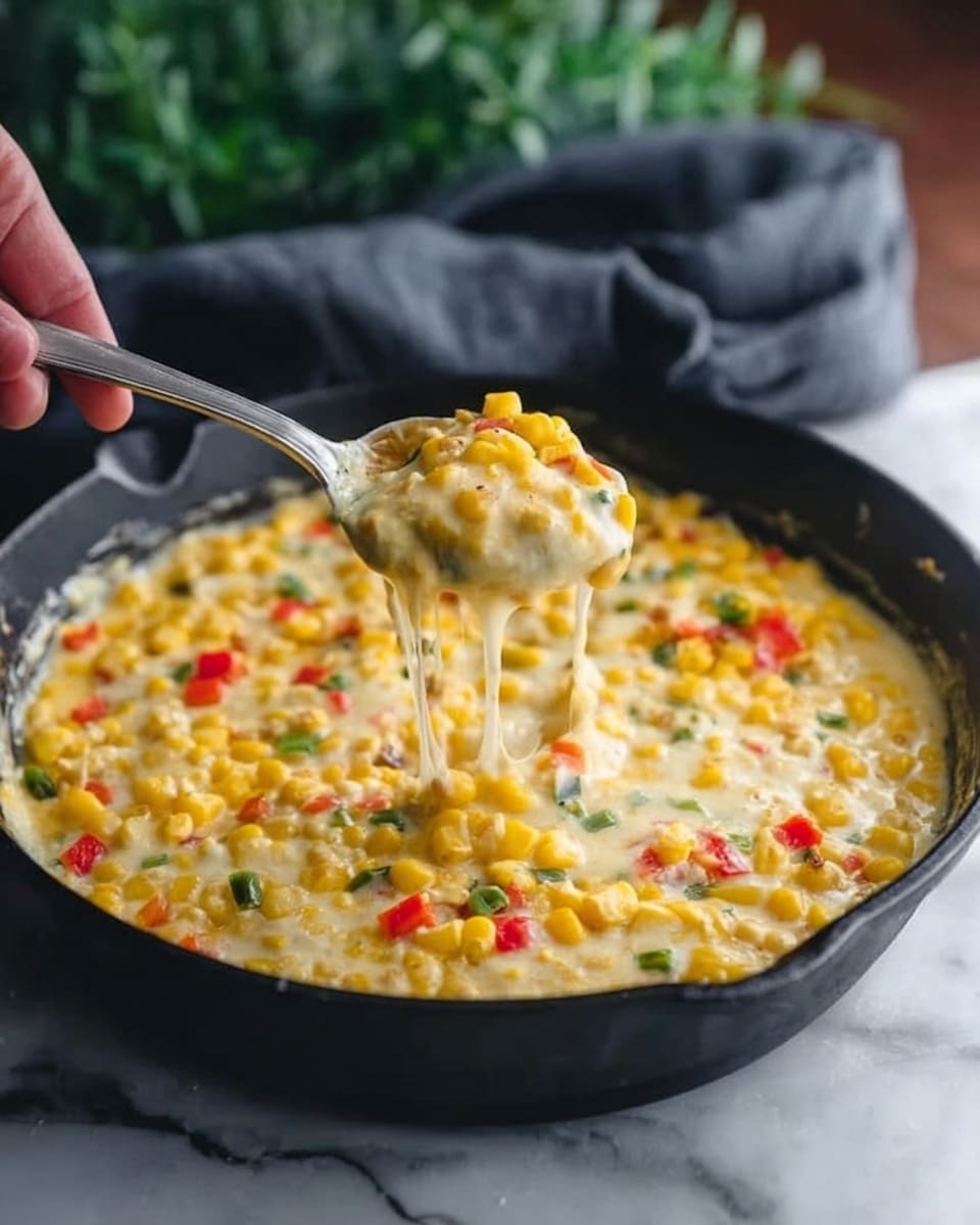 The image shows a skillet filled with a creamy cheese and corn dish that has a thick, smooth texture. The top layer is melted cheese, bubbling and slightly golden, stretching as the spoon lifts a scoop from the pan. Beneath the cheese, there is a mix of bright yellow corn kernels and small pieces of red and green bell peppers scattered throughout. The skillet sits on a white marbled surface, and a silver spoon is held by a woman's hand above the skillet, lifting the cheesy mixture. A green plant and a dark cloth are faintly visible in the blurred background. Photo taken with an iphone --ar 4:5 --v 7