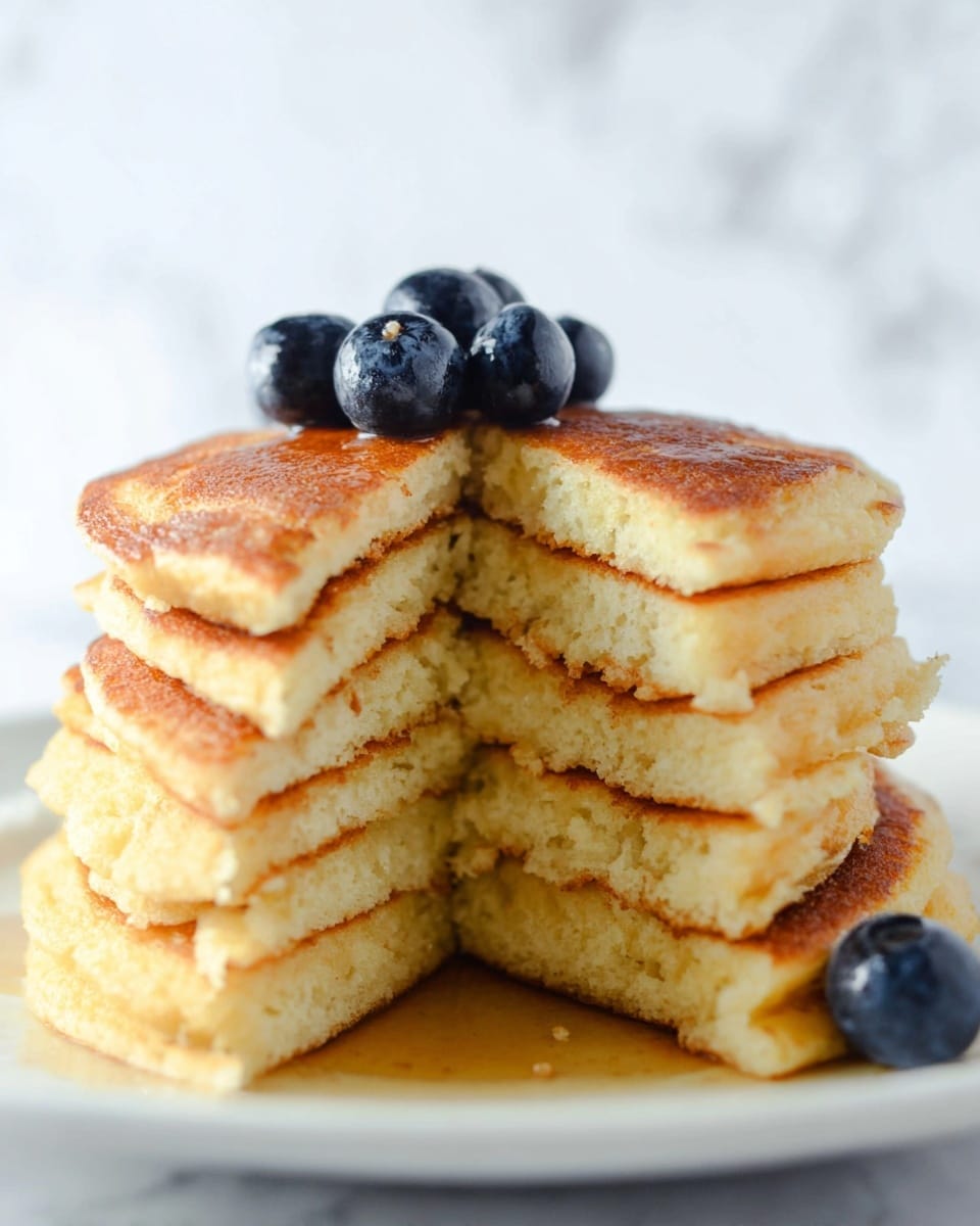 A stack of seven golden brown pancakes is placed on a white plate, each pancake showing a soft and slightly crumbly texture with light browning on the edges. A wedge is cut out from the stack, revealing the fluffy inner layers that are light yellow with a fine, airy texture. On top of the pancakes, there are five shiny, plump blueberries arranged in a small cluster with one blueberry resting on the plate nearby. The background is a white marbled texture, creating a clean and simple setting. photo taken with an iphone --ar 4:5 --v 7