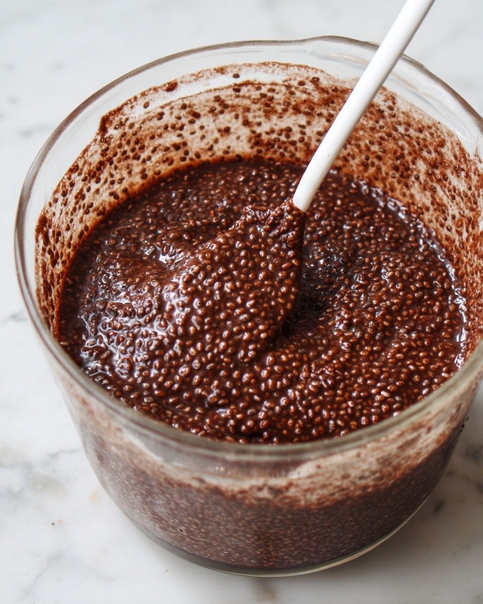 A clear glass bowl filled with a dark brown chocolate mixture speckled with small, round chia seeds. The mixture looks thick and textured, with visible seeds evenly spread throughout. A white spoon is inserted into the mixture, with some chocolate clinging to it and the bowl's inside edges. The bowl sits on a white marbled surface photo taken with an iphone --ar 4:5 --v 7