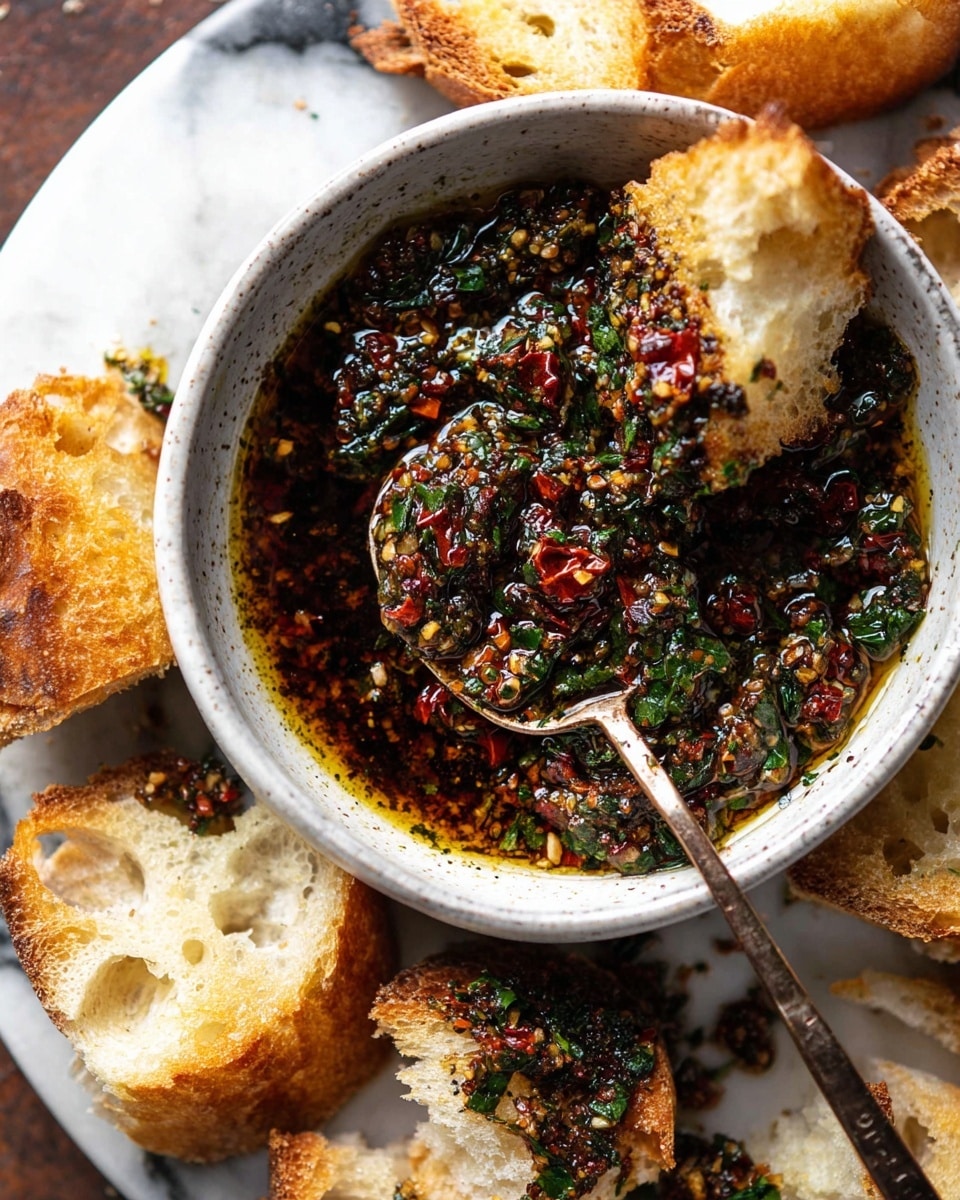 A close-up of a white bowl filled with a dark olive oil sauce mixed with finely chopped herbs, red chili flakes, and small bits of sun-dried tomatoes. Inside the bowl, there are pieces of torn toasted bread with a golden-brown crust and soft, airy white inside, partly soaked in the sauce. A spoon lies in the bowl, also covered with the herb and tomato mixture. Around the bowl, there are more pieces of torn toasted bread scattered on a white marbled surface. The overall color palette shows deep reds, greens, golden browns, and dark oils, with a rustic and textured look photo taken with an iphone --ar 4:5 --v 7