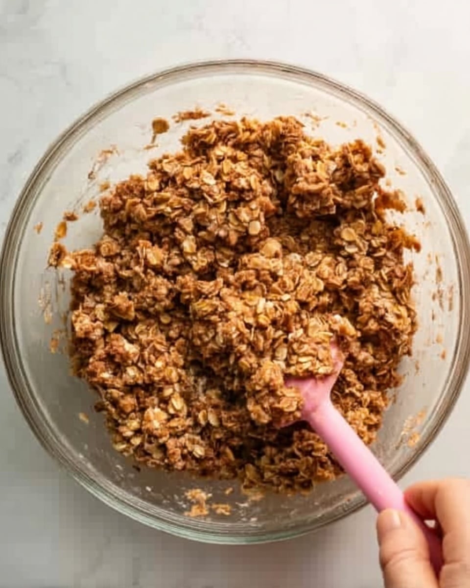 A clear glass bowl filled with a chunky mixture of oats and brown ingredients that look sticky and clumpy. A woman's hand holds a pink spatula resting in the bowl, stirring the textured oat mixture with visible clusters. The bowl sits on a white marbled surface with soft natural light coming from the left side, highlighting the uneven texture and mix of colors in the oats and brown sticky parts. photo taken with an iphone --ar 4:5 --v 7