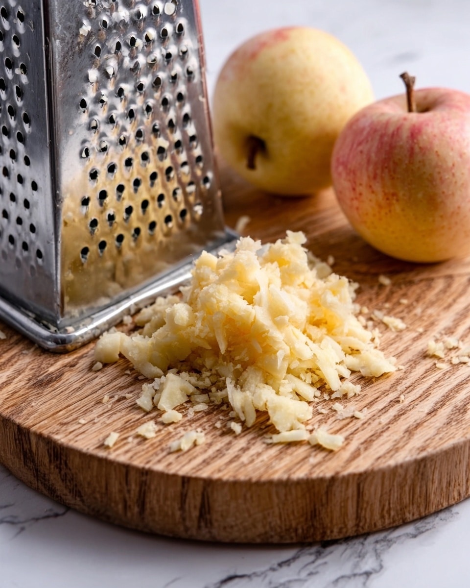 A close-up image shows a metal grater on a round wooden board with a pile of grated pale yellow fruit or vegetable next to it. In the background, there are two whole round fruits, one partly visible, both with light yellow and pinkish skin. The surface beneath the board is a white marbled texture. The lighting highlights the texture of the grated pieces and the smooth skin of the fruits. photo taken with an iphone --ar 4:5 --v 7