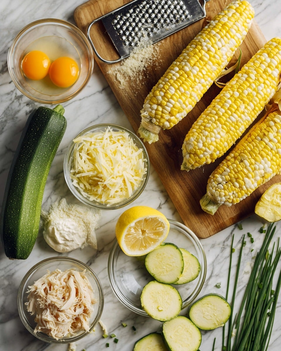 The image shows two layers of corn on the cob, yellow with white kernels, positioned near the top on a wooden board that rests on a white marbled surface. To the left on the board, a green zucchini is partially shredded next to a metal grater, with shredded pieces scattered below the grater. In the center, a halved lemon with bright yellow flesh lies on the white marbled surface. Around these, there are small clear glass bowls containing an egg with an orange yolk, shredded cheese, a creamy white sauce, minced ginger, grated Parmesan, and pulled cooked chicken. Long green chives add a pop of color beside the top right bowls. Photo taken with an iphone --ar 4:5 --v 7