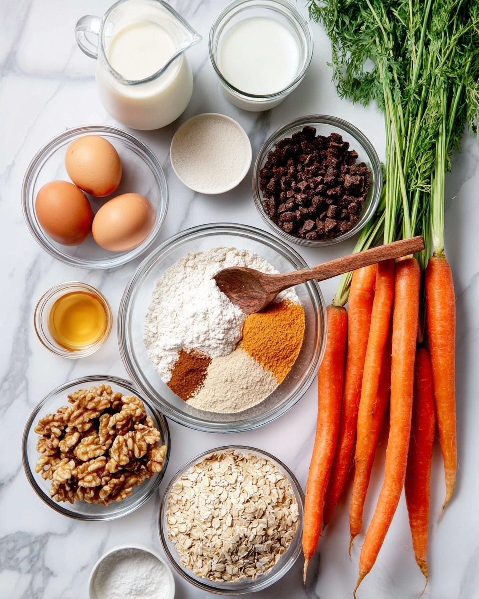 A top-down view of various baking ingredients arranged neatly on a white marbled surface. On the right side, there are seven bright orange carrots with green leafy tops, laid diagonally. In the center, a large clear bowl holds different dry ingredients separated in parts including white flour, light brown almond flour, white baking powder, brown spices, and a yellowish spice mixed together with a wooden spoon resting inside. Around the bowl, there are other clear bowls and containers filled with white granulated sugar, dark raisins, chopped brown walnuts, and pale rolled oats on a small white plate. Nearby, two light brown eggs and a small white cup with golden vanilla extract sit beside a small jar of light yellow oil and a clear glass pitcher filled with white milk. The scene is bright and clean, suggesting preparation for a carrot cake or similar baked good photo taken with an iphone --ar 4:5 --v 7