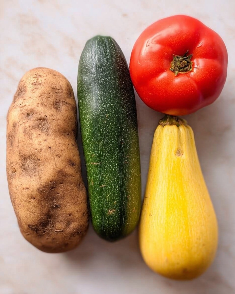 The image shows four vegetables laid out in a row on a white marbled surface. From left to right, there is a brown potato with a rough, slightly dirty skin, a dark green zucchini with a smooth and shiny texture, a yellow summer squash that is smooth with a slightly curved shape, and a round red tomato with a glossy, smooth surface. Each vegetable shows natural texture and color variations that highlight their freshness. photo taken with an iphone --ar 4:5 --v 7