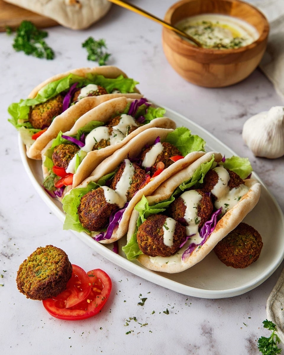 The image shows a white oval plate holding five small pita pockets arranged close together. Each pita is stuffed with a bright green lettuce leaf that wraps around two brown, crispy falafel balls. Inside the pita, slices of red tomato and purple cabbage add color, with a drizzle of creamy off-white sauce spread over the falafel balls. Outside the plate, there is one loose falafel ball and a sliced tomato on the white marbled texture surface. In the background, there is a small wooden bowl filled with the same creamy sauce and a gold spoon resting inside it, along with a garlic bulb and loose green herbs scattered around. photo taken with an iphone --ar 4:5 --v 7