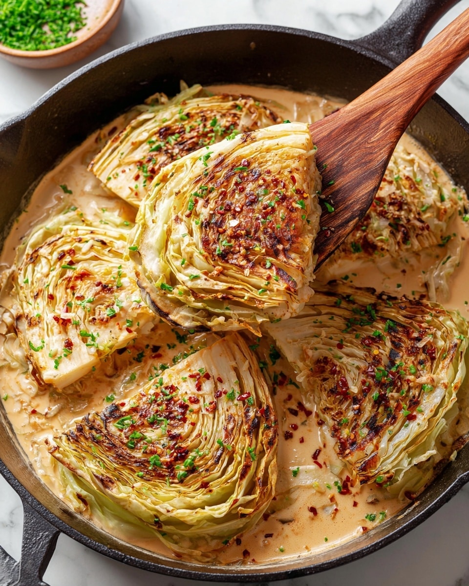 The image shows a cast iron pan with four thick wedges of cooked cabbage arranged in a circle. Each wedge has a golden-brown seared surface with visible grilled marks, topped with melted cheese, red pepper flakes, and finely chopped green herbs. The cabbage wedges sit in a creamy, light brown sauce that fills the bottom of the pan. A wooden spatula holds one wedge lifted above the pan, showing the cabbage's layers and texture clearly. The pan rests on a white marbled surface with soft natural lighting. photo taken with an iphone --ar 4:5 --v 7