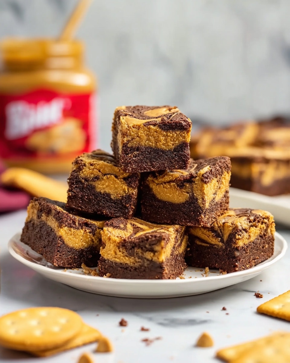 A white plate stacked in a pyramid shape with nine square pieces of brownie topped with peanut butter swirls; each piece shows a dark chocolate base with light brown peanut butter marbled on top, giving a textured, slightly crumbly look. The brownies sit on a white marbled surface, with a jar of peanut butter slightly out of focus in the background to the left and some whole crackers scattered on the right side. The overall scene looks warm and inviting with soft lighting. photo taken with an iphone --ar 4:5 --v 7