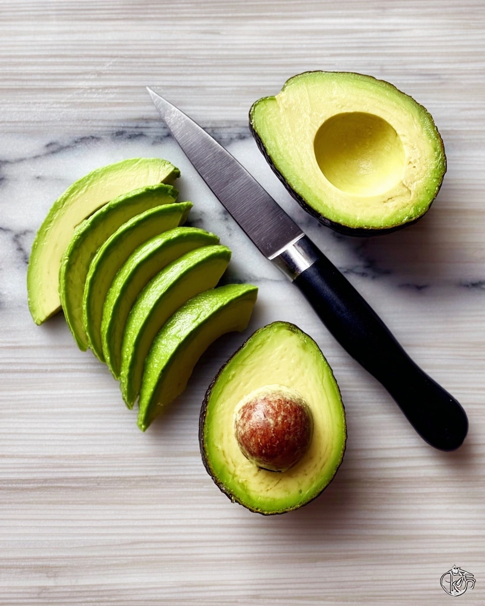 A white marble surface holds a halved avocado with the seed removed, showing its smooth green flesh and darker green skin. Next to it, five slices of avocado are neatly placed in a row, each slice curving gently with a soft pale green inside and darker green edges. Above the avocado, a shiny knife with a black handle rests on the marble surface. photo taken with an iphone --ar 4:5 --v 7
