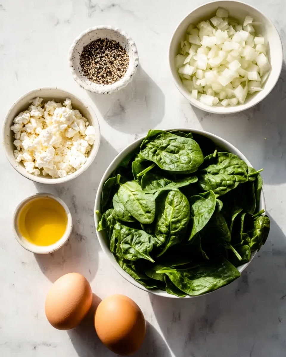 The image shows five bowls arranged on a white marbled surface. The largest bowl is white, filled with fresh green spinach leaves that have a smooth, slightly shiny texture. To its upper right, there is a white bowl filled with chopped white onions, showing small uneven pieces. Next to it, a white bowl contains a crumbly white cheese with a rough texture. Below that, a smaller white bowl holds a mix of black and white sesame seeds, and nearby is another small white bowl filled with golden yellow olive oil, smooth and shiny. An uncooked brown egg and a small container of coarse black pepper are also placed on the surface. The lighting is bright and natural, highlighting the colors and textures clearly. photo taken with an iphone --ar 4:5 --v 7