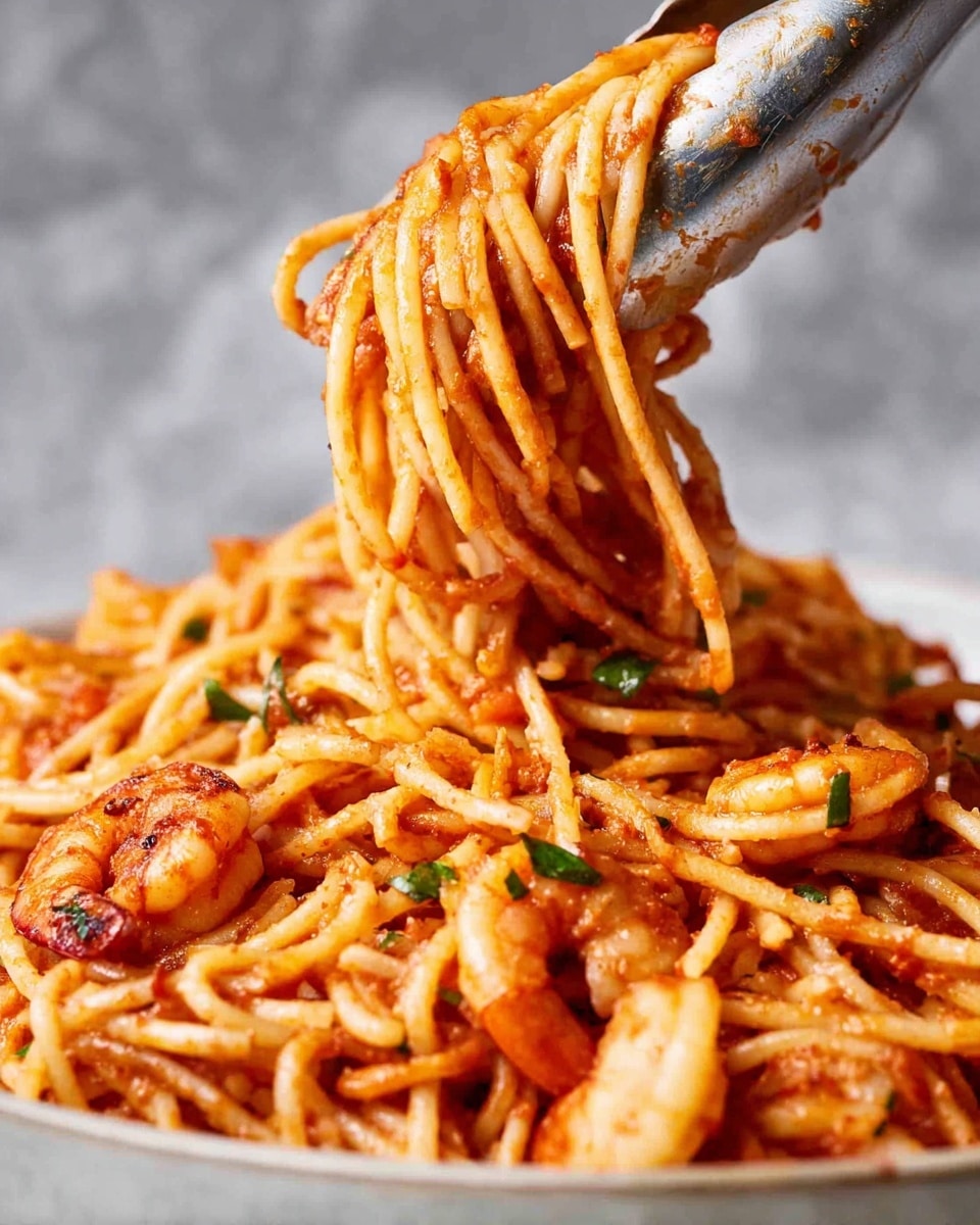 A close-up image showing thick spaghetti noodles coated in a reddish-orange sauce being lifted with metal tongs. The pasta looks soft and slightly shiny, mixed with pieces of shrimp that are pinkish with charred edges, adding texture and color contrast. Small green flecks of herbs are scattered throughout the noodles. The background is a soft gray, focusing all attention on the steaming pasta dish. The surface beneath has a white marbled texture. photo taken with an iphone --ar 4:5 --v 7