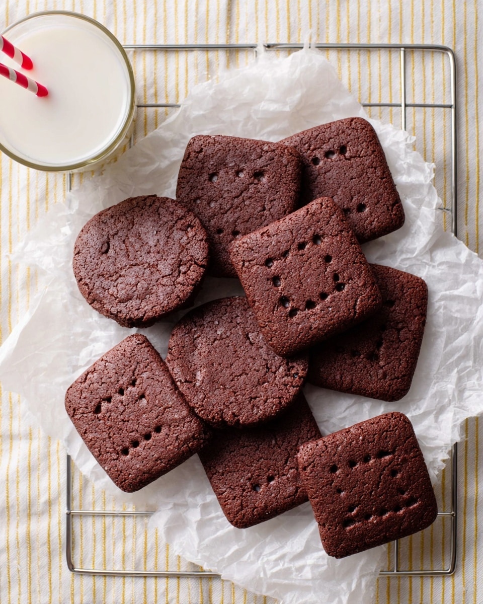 Eight square dark brown chocolate cookies with small holes and a line of perforations in the middle are placed on crinkled white parchment paper. The parchment paper is on a silver cooling rack, which sits on a white marbled surface with pale towel fabric that has yellow stripes in the background. A glass of milk with a white and red striped straw is partly visible in the top left corner. Photo taken with an iphone --ar 4:5 --v 7