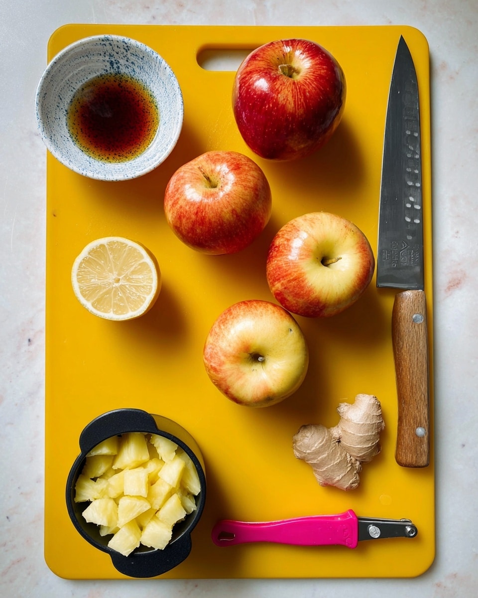 A bright yellow cutting board lies flat on a white marbled surface, holding three red and yellow apples with shiny skins positioned in a loose triangle. At the top right corner is a large knife with a wooden handle resting diagonally. Near the top left corner, a small white bowl with a blue speckled inner pattern contains dark brown liquid. Below it is a fresh ginger root piece with a light brown skin and pale yellow center. In the middle left, a halved lemon shows its pale yellow inside facing up. At the bottom left is a black measuring cup filled with pale yellow chopped pineapple chunks. Across the bottom center lies a pink-handled vegetable peeler placed horizontally. photo taken with an iphone --ar 4:5 --v 7