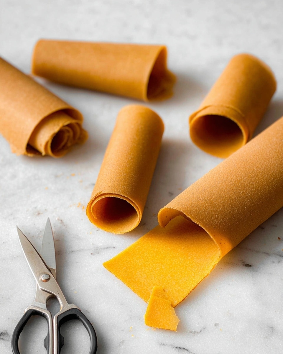 Five rolled pieces of light brown fruit leather with smooth textures and slightly rough edges are scattered on a white marbled surface. One piece is partially unrolled, showing a bright orange-yellow layer underneath. A pair of silver scissors with black handles lies open near the bottom left, with some fruit leather still attached to the roll near the bottom right. The scene is clean and simple with soft, natural lighting photo taken with an iphone --ar 4:5 --v 7