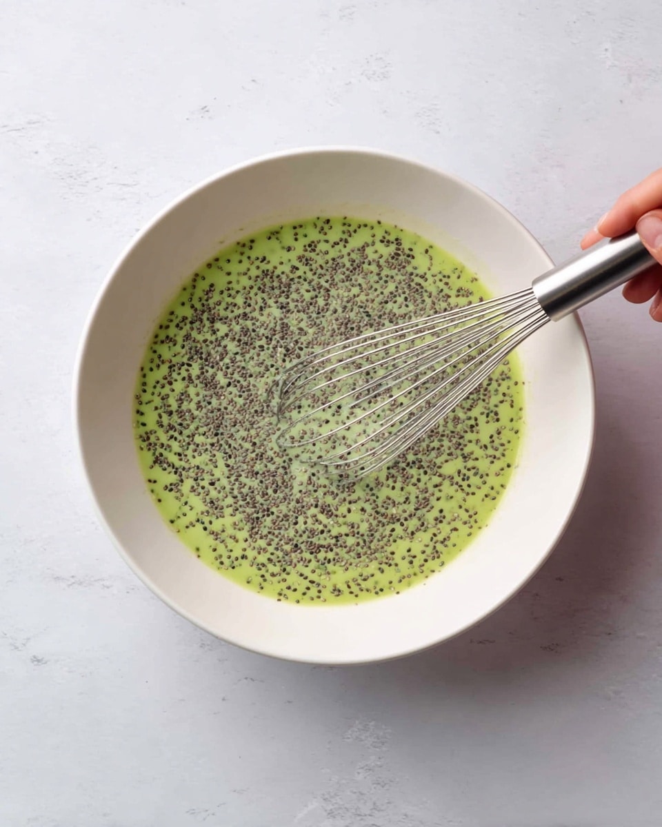 A white bowl holds a light green liquid mixed with many small black and white chia seeds floating evenly on the surface, giving a speckled texture. A clear whisk is partially dipped inside the bowl stirring the green mixture, with a woman's hand gently holding the handle of the whisk, visible on the right side. The bowl is placed on a white marbled surface, which adds a soft, clean background to the image. photo taken with an iphone --ar 4:5 --v 7