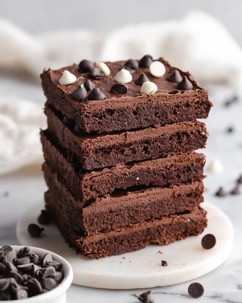 The image shows a tall stack of five thick, rich chocolate brownie layers on a round white marble surface. Each brownie layer is dark brown with a dense, slightly cracked texture. The top layer has a smooth, creamy chocolate frosting with scattered dark and white chocolate chips on its surface. Around the stack, there are small chocolate chips, and a white bowl filled with more dark chocolate chips is partly visible on the left side. The background is a soft white marble with a blurred white cloth in the distance. Photo taken with an iphone --ar 4:5 --v 7