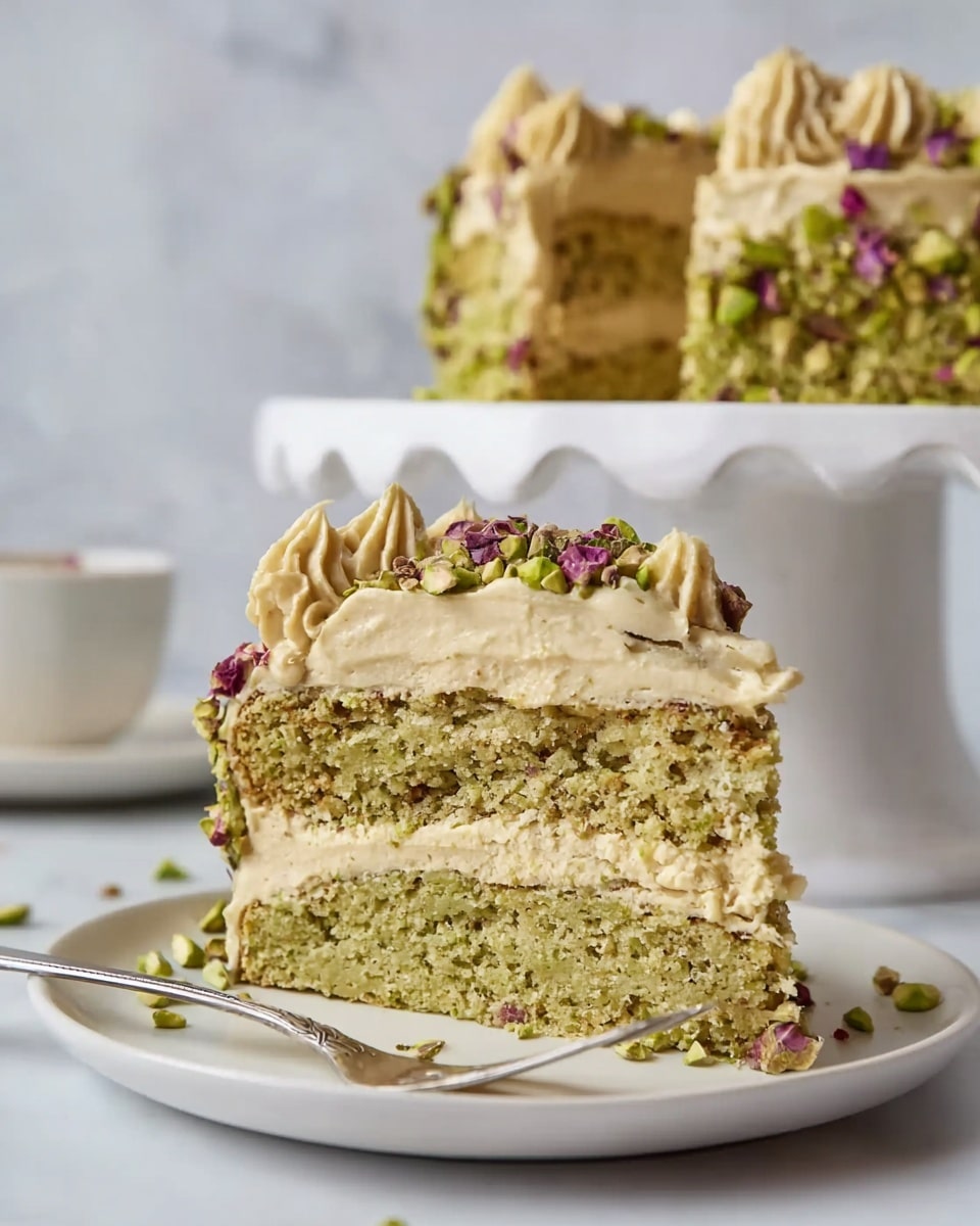 The image shows a slice of two-layer cake on a white plate with a fork beside it. The cake layers have a crumbly, greenish texture that looks like ground pistachios or nuts. Between the layers and on top is a thick, creamy light beige frosting with a smooth, fluffy texture. The top edge of the cake is decorated with small peaks of the same frosting and sprinkled with pieces of green pistachios and purple flower petals. In the background, the rest of the cake sits on a white wavy-edged cake stand. The surface beneath everything is white marble. photo taken with an iphone --ar 4:5 --v 7