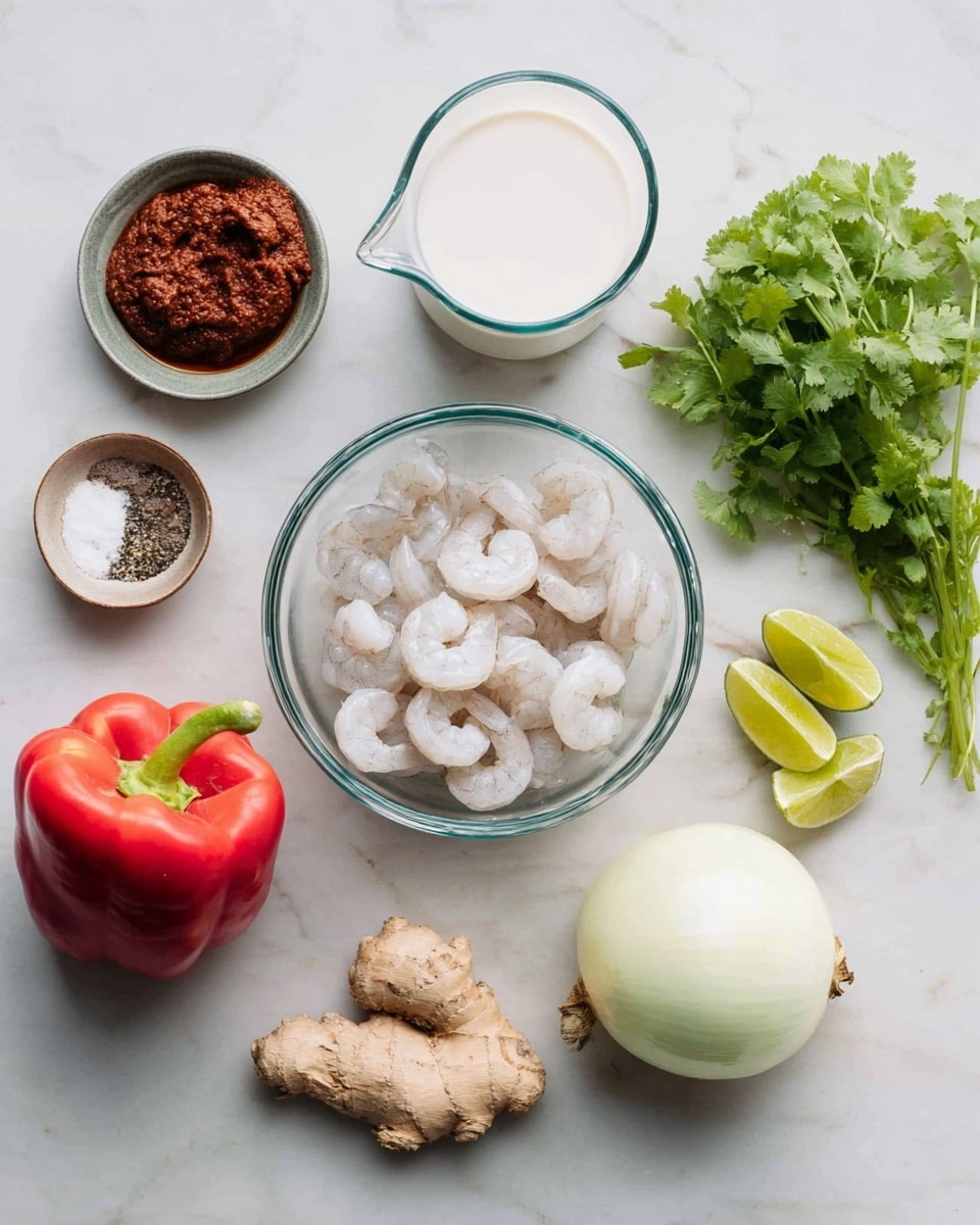 The image shows clear glass bowls and a glass jug arranged separately on a white marbled surface. One bowl holds raw white shrimp with light pink details, looking fresh and slightly wet, placed at the center. Above it, a jug contains white coconut milk with a smooth texture. To the left, a small bowl contains dark reddish-brown paste with a thick, textured look, and next to it, a fresh, bright red bell pepper with a shiny surface. On the right side, there is a white onion with a smooth pale yellow skin, two light brown garlic cloves, a small glass bottle with golden olive oil, a fresh green lime, a light brown piece of ginger with a bumpy surface, and a bunch of bright green cilantro with some leaves showing slight yellowing. A small bowl with white salt and black pepper is also visible. The ingredients contrast nicely with the clean white marbled background, and the photo was taken with an iphone --ar 4:5 --v 7