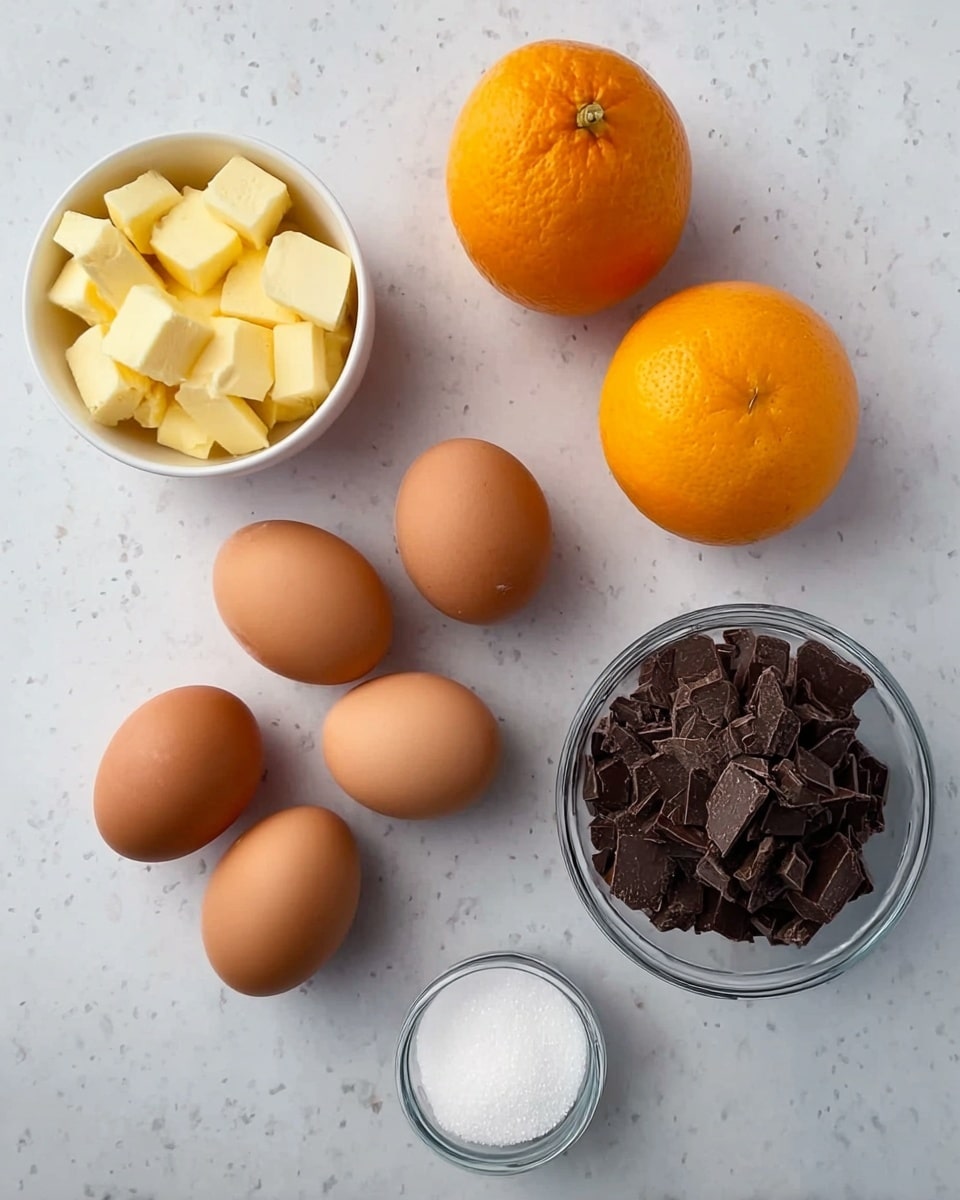 The image shows five brown eggs arranged in a loose cluster on a white marbled surface. To the left of the eggs, there is a small white bowl filled with small cubes of yellow butter, and below the eggs, a smaller white bowl contains white sugar. On the right side, there is a glass bowl filled with dark brown chopped chocolate pieces. Above the eggs, two bright orange oranges sit side by side. The scene is well-lit, and all items have clear, natural colors. photo taken with an iphone --ar 4:5 --v 7