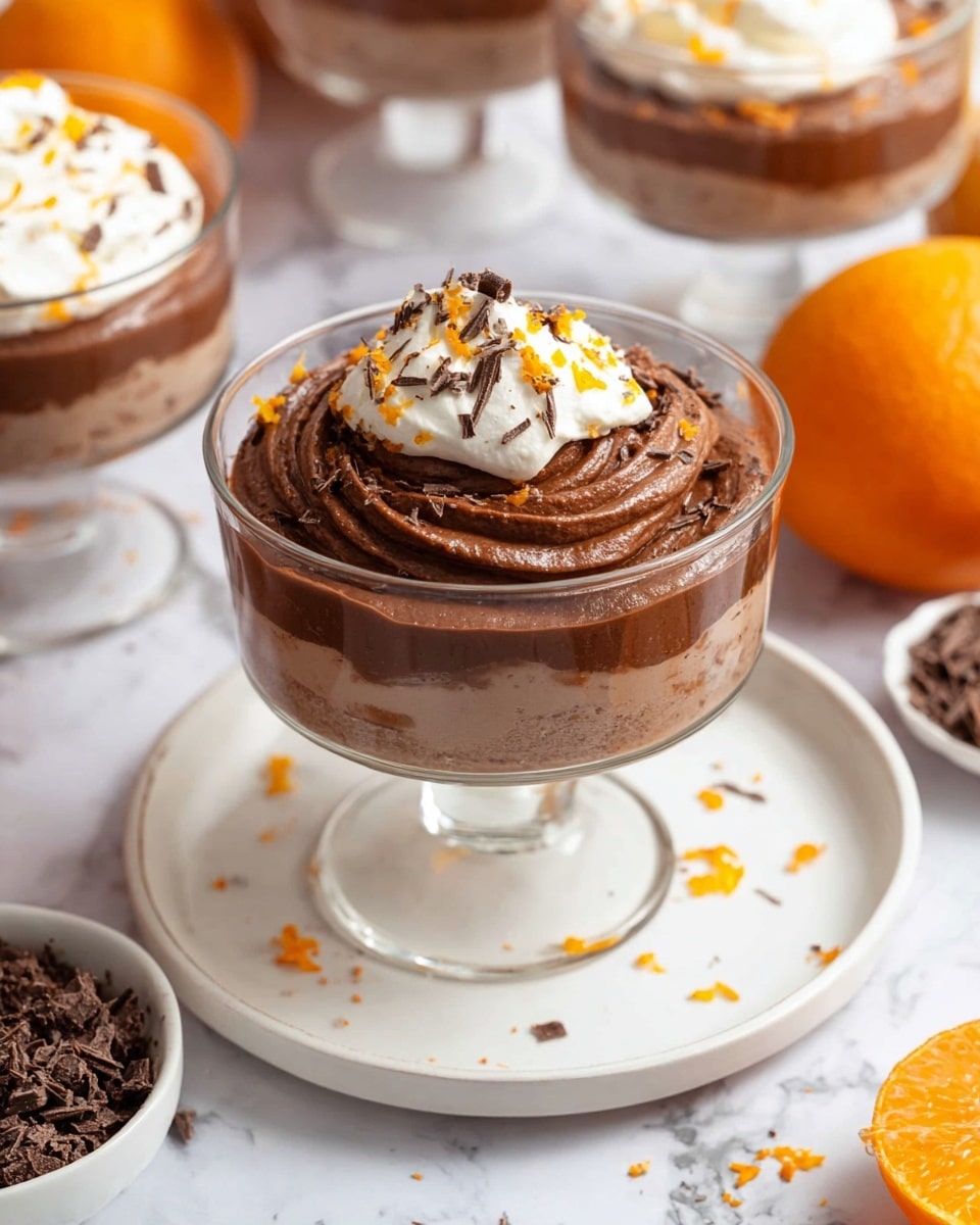 The image shows a clear glass dessert cup filled with two layers of chocolate mousse, the bottom layer being slightly lighter and smoother, while the top layer is darker and swirled with a creamy texture. The glass sits on a white plate with small bits of orange zest and chocolate shavings scattered around. In the background, there are other similar glasses, some topped with whipped cream and chocolate shavings, as well as whole oranges and a small white bowl filled with chocolate shavings. The whole scene is placed on a white marbled surface. photo taken with an iphone --ar 4:5 --v 7