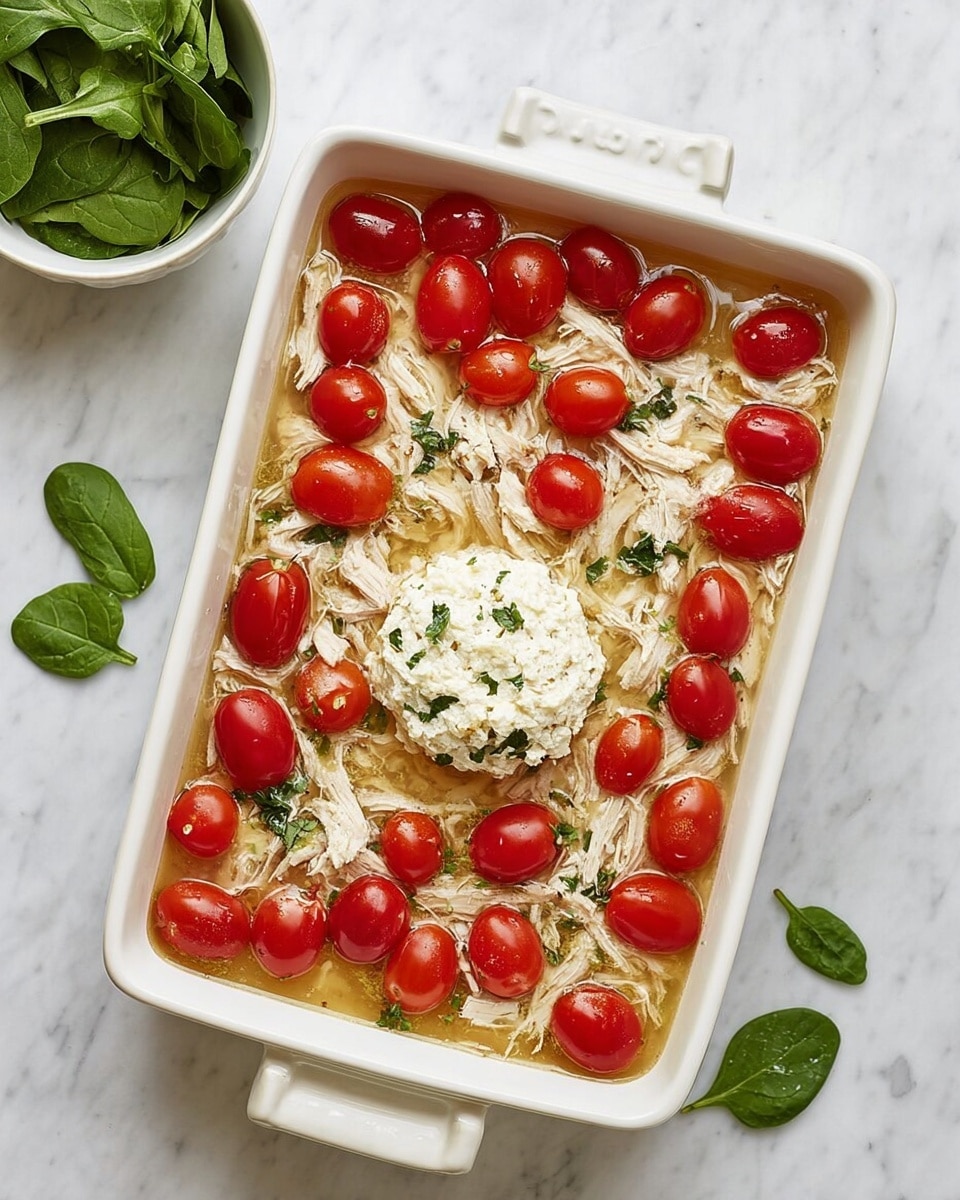 A white rectangular baking dish holds a dish with three main layers visible: the bottom layer is a light, clear broth with shredded white chicken spread evenly across; the middle layer features bright red cherry tomatoes scattered all over; and at the center sits a round mound of creamy white cheese mixed with herbs. The dish is placed on a white marbled surface with a white bowl of fresh green spinach leaves in the top left corner and two spinach leaves scattered on the surface nearby. Photo taken with an iphone --ar 4:5 --v 7