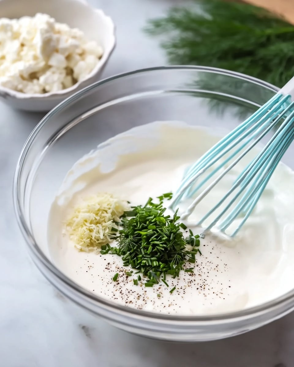 A clear glass bowl holds a thick, white creamy mixture as the base layer. On top of this creamy layer, there are small green chopped herbs placed on one side, and a small amount of light yellow minced garlic next to them. A sprinkle of black pepper is seen near the herbs and garlic. A light blue whisk rests in the bowl, partially covered with the creamy mix. In the background, a smaller white bowl with white crumbly cheese is blurred on a white marbled surface, with green dill sprigs nearby. Photo taken with an iphone --ar 4:5 --v 7