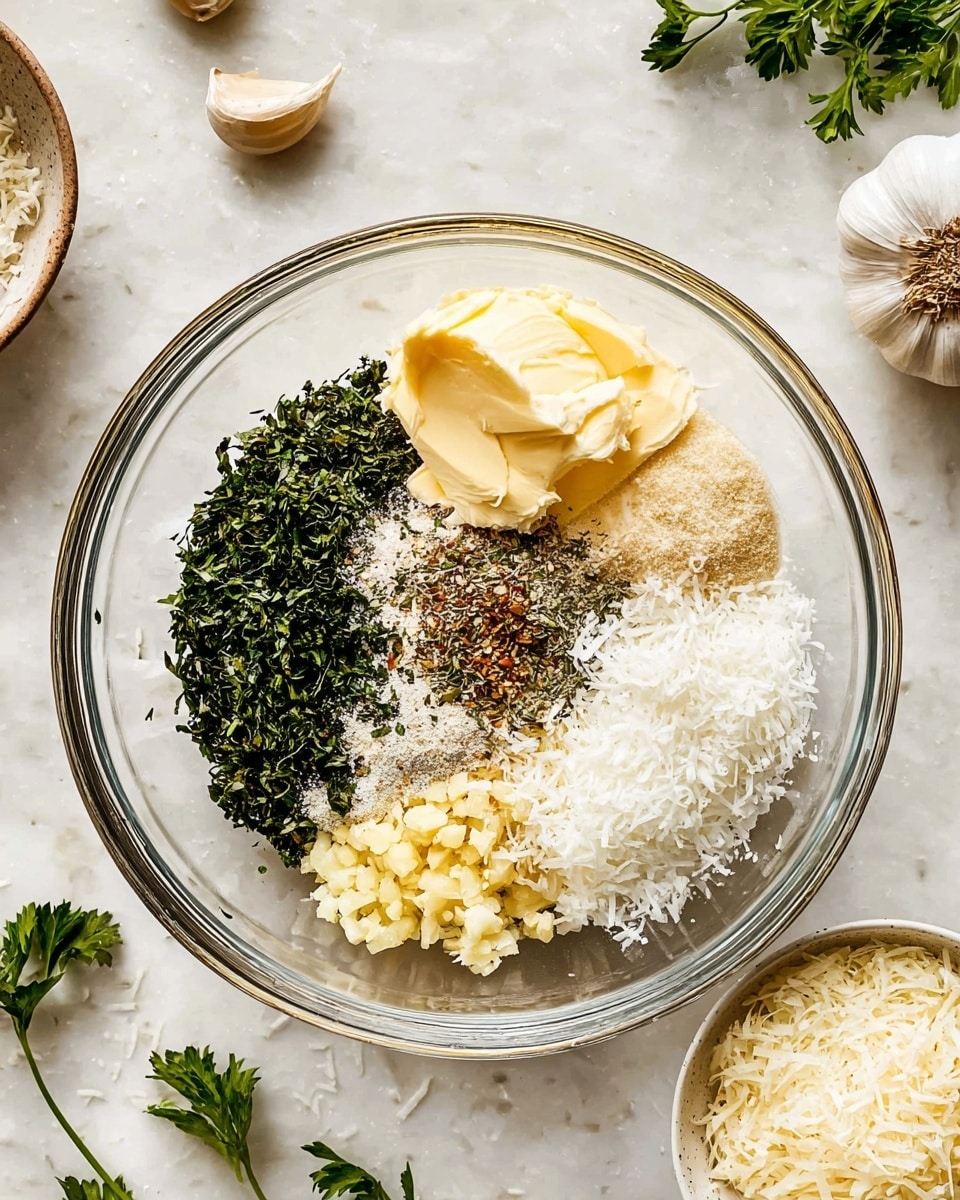 In a clear glass bowl on a white marbled surface, there are six separate layers of ingredients arranged side by side in a circular shape. Starting from the left, there is a smooth, pale yellow layer of soft butter. Next to it is a dense layer of finely chopped dark green herbs. Adjacent to the herbs is a light beige powdery layer, followed by a small pile of mixed dried herbs and spices. To the right of that, there is a layer of small, pale yellow minced garlic pieces. Finally, on the far right, there is a fluffy white layer of grated cheese. Around the bowl, ingredients like green parsley leaves, baked garlic, and another white bowl with more grated cheese are scattered on the white marbled surface. photo taken with an iphone --ar 4:5 --v 7