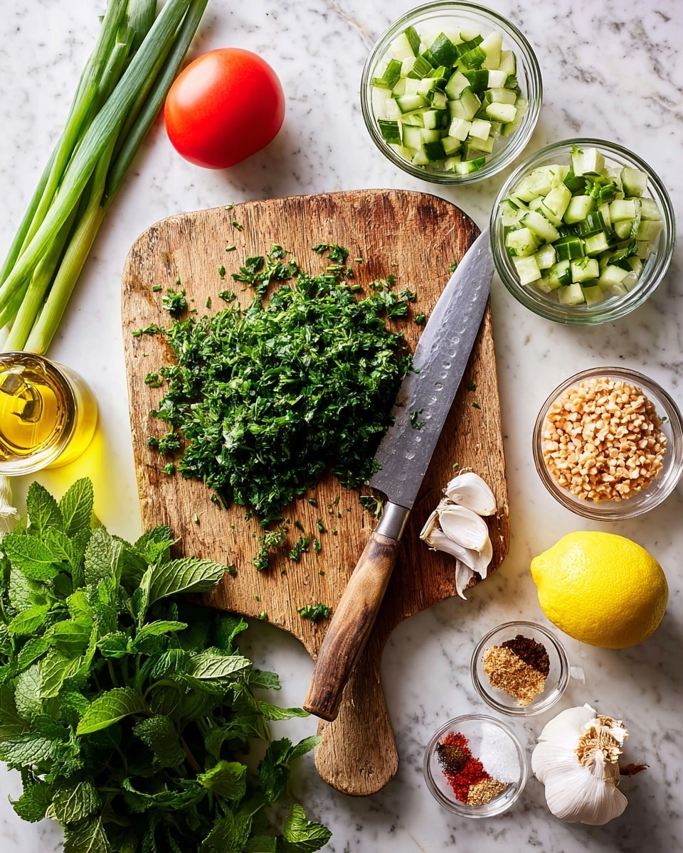The image shows a wooden cutting board placed on a white marbled surface with a large pile of chopped green parsley in the center, next to a large knife with a wooden handle. Around the board, there are fresh green onions on the top left, a whole red tomato on the bottom left, and bunches of fresh mint and parsley leaves below the board. Near the top right, two glass bowls hold diced green cucumber and cooked beige grains, beside a whole yellow lemon and a bulb of garlic with cloves. There is also a small glass bowl with white salt, brown and red spices, and a clear bottle with yellow olive oil on the left side. Everything is brightly colored and fresh. Photo taken with an iphone --ar 4:5 --v 7