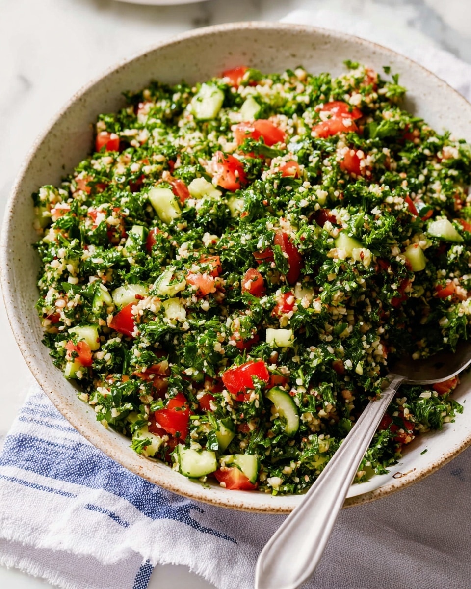 A white speckled bowl is filled with a colorful tabbouleh salad made of finely chopped bright green parsley, small pieces of light green cucumber, light brown bulgur, and red tomato chunks. The salad looks fresh and mixed evenly, with the colors spread throughout. A shiny metal spoon rests inside the bowl on the right side, partially buried in the salad. The bowl sits on a white cloth with blue stripes and has a white marbled surface underneath. Photo taken with an iphone --ar 4:5 --v 7