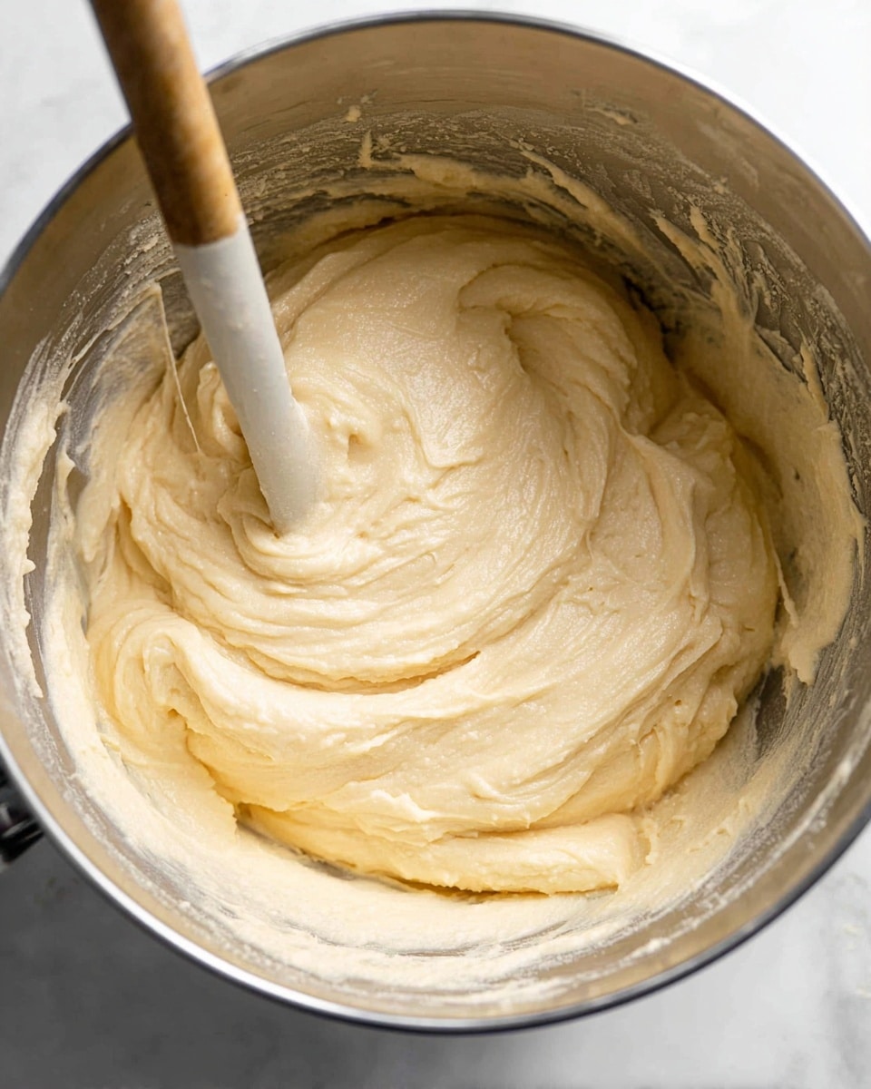 The image shows a close-up of creamy, light yellow batter smoothly mixed inside a large silver mixing bowl. The batter appears thick and soft with a silky texture, gently swirled by a spatula with a wooden handle that is resting inside the bowl. The bowl has some batter stuck on the sides, showing it has been recently stirred. The background is a white marbled surface. photo taken with an iphone --ar 4:5 --v 7