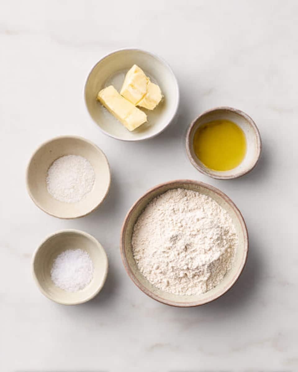 Five small bowls sit on a white marbled surface, each holding a different ingredient. The largest bowl in the center holds white flour, with a slightly rough texture. To its right, a medium bowl contains a yellow liquid with a smooth shine, likely melted butter or oil. Below the flour, a small bowl is filled with white granulated sugar. Above the flour, a small bowl holds two pieces of pale yellow butter, smooth and round-edged. To the left of the flour, a small bowl contains a fine white powder, likely salt. The bowls are plain and white, showing off the soft colors of the ingredients. Photo taken with an iphone --ar 4:5 --v 7