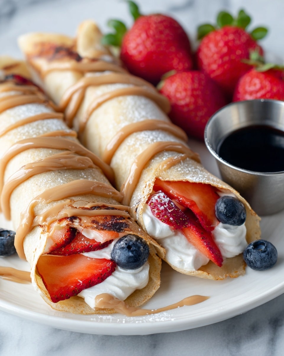 Two crepes lie side by side on a white plate with a white marbled surface beneath. Each crepe is light golden brown and soft, folded around a filling of white cream with sliced red strawberries and whole blue blueberries peeking out from the open ends. A light brown creamy sauce is drizzled in wavy lines across the top of both crepes. Nearby, a small metal cup holds dark syrup, and more whole strawberries are placed behind it. The scene is close up and brightly lit, showing fine textures on the fruit and crepes. Photo taken with an iphone --ar 4:5 --v 7