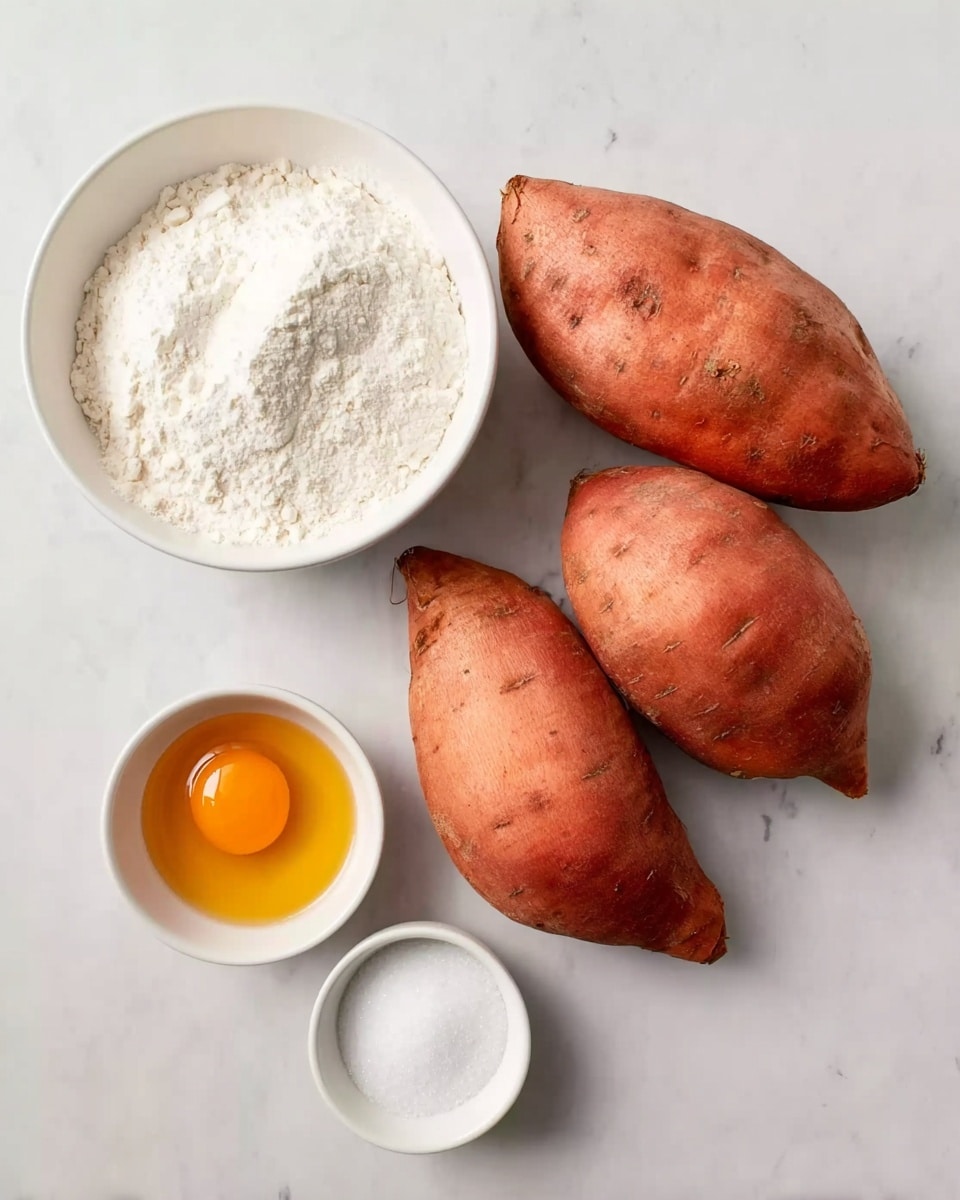 The image shows three whole sweet potatoes with reddish skin placed on a white marbled surface. To the left of the sweet potatoes, there is a white bowl filled with flour, which has a small indentation in the center. Above the three sweet potatoes, there is a small white bowl containing white granulated sugar. Below the sweet potatoes, there is another small white bowl holding a single raw egg yolk with a glossy texture. All the ingredients are neatly arranged with clear separation, creating a clean and simple layout. Photo taken with an iphone --ar 4:5 --v 7