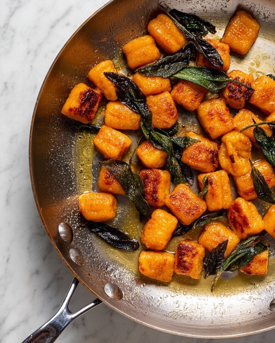 A close-up view of a stainless steel pan filled with small orange gnocchi pieces, each browned with a crispy texture on top. Scattered among the gnocchi are dark green sage leaves, some slightly wilted and crispy. The pan has a shiny metal handle extending out to the right and sits on a white marbled surface. There is a golden brown butter or oil sauce pooling around the gnocchi, adding a shiny glaze to the dish. Photo taken with an iphone --ar 4:5 --v 7