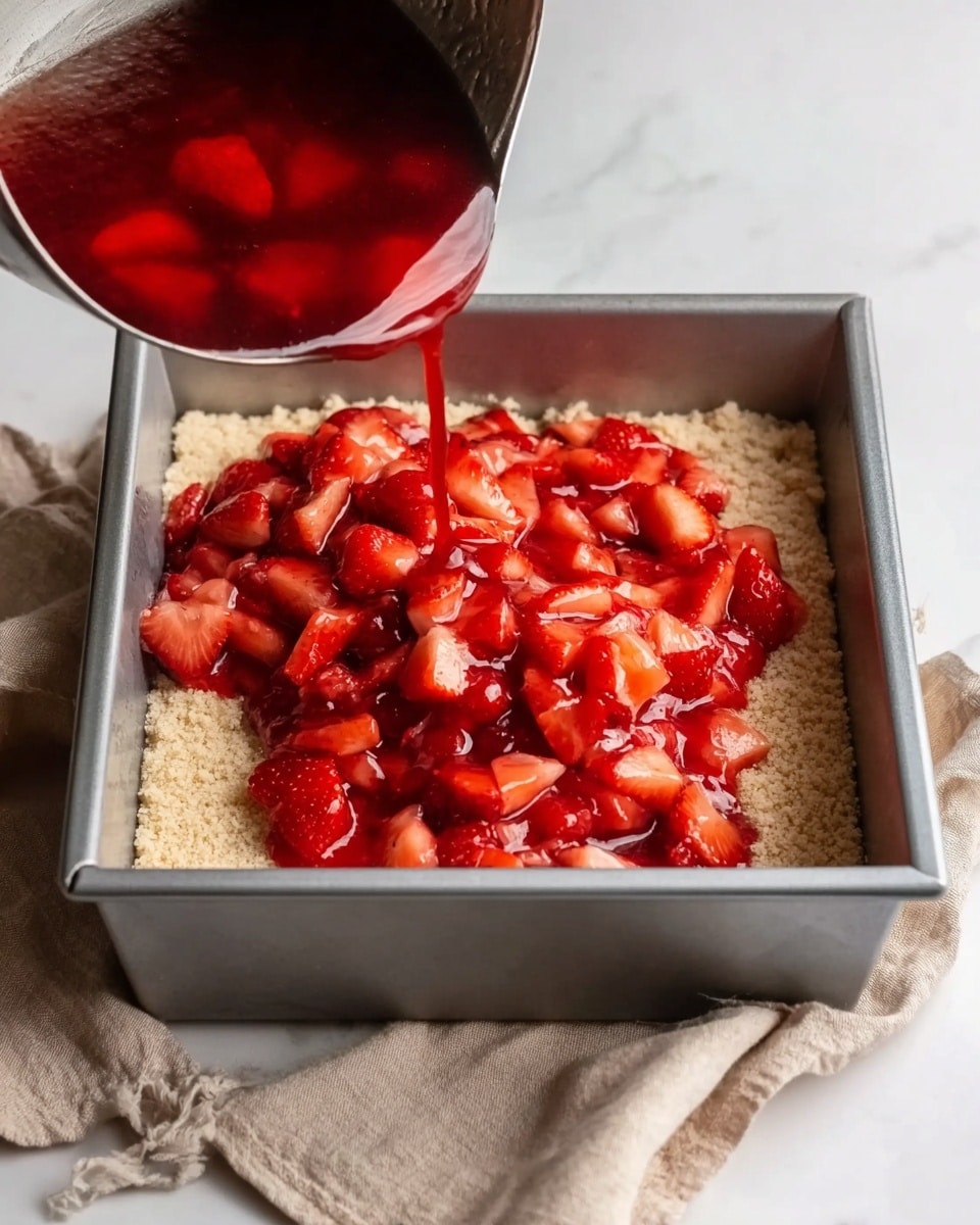 The image shows a square baking pan filled with a light brown crumbly dough layer at the bottom. Above this, bright red chunks of cooked strawberries with syrup are being poured evenly from a stainless steel pot into the pan. The pan sits on a white marbled surface, next to a beige cloth. The colors contrast between the soft beige base layer and the vibrant glossy red fruit topping. Photo taken with an iphone --ar 4:5 --v 7