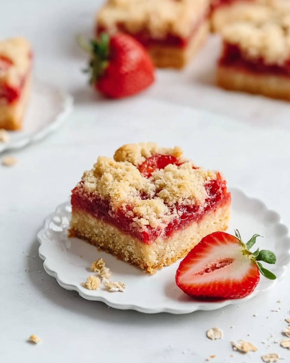 A square piece of dessert sits on a white plate with a scalloped edge on a white marbled surface. The dessert has three layers: the bottom layer is a thick, golden-brown base, the middle layer is a bright red strawberry filling, and the top layer is a crumbly, light brown streusel topping scattered unevenly. A half strawberry with its green stem lies next to the dessert on the plate, while some small oatmeal crumbs are scattered around. The background is bright and clean, with more pieces of the same dessert blurred in the distance. photo taken with an iphone --ar 4:5 --v 7