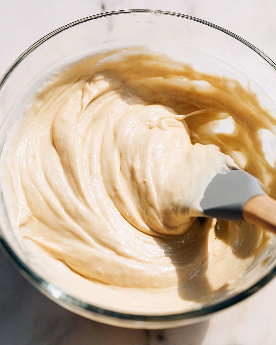 A close-up view of smooth, light beige batter in a glass bowl. The batter has a creamy texture with soft waves and folds made by a gray spatula with a wooden handle, which is partially inside the bowl on the right side. The glass bowl sits on a white marbled surface, and the batter looks thick and shiny with a soft, flowing form. Photo taken with an iphone --ar 4:5 --v 7