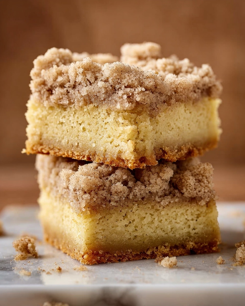 The image shows two square pieces of crumb cake stacked on top of each other on a white marbled surface. Each piece has two layers: the bottom layer is thick and yellow with a soft, moist texture, and the top layer is a crumbly light brown streusel with visible small clumps. Some crumbs have fallen onto the white marbled surface around the base, and the background is blurred with a warm brown tone. photo taken with an iphone --ar 4:5 --v 7