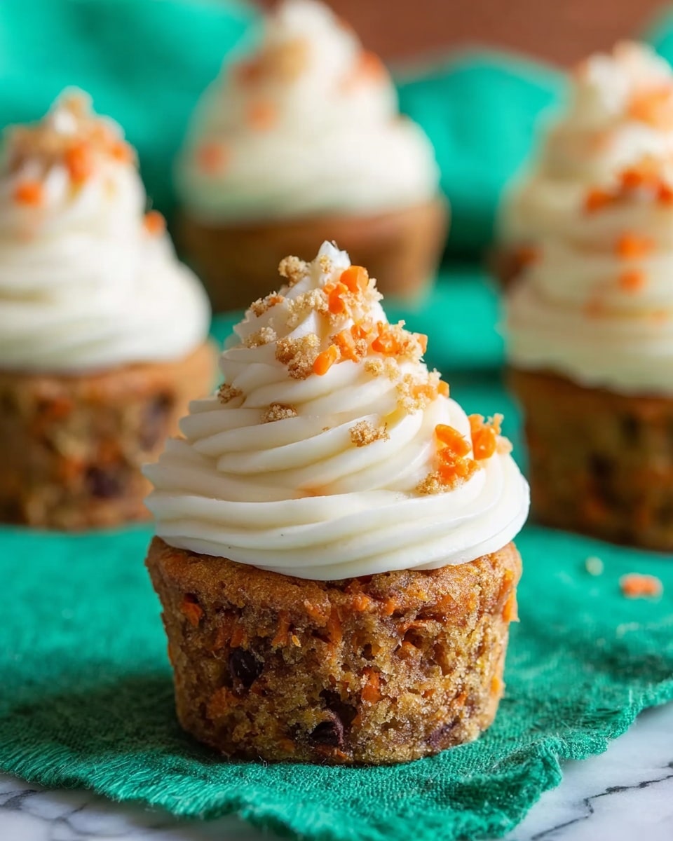 The image shows a small carrot cupcake on a green cloth with more cupcakes blurred in the background on a white marbled surface. The cupcake has two layers: the bottom layer is a light brown carrot cake cupcake with visible pieces of carrot and chocolate chips, and the top layer is a thick swirl of white cream cheese frosting decorated with small orange carrot bits and some nut crumbs scattered on top. The texture of the cake is slightly rough and moist, while the frosting is smooth and creamy with ridges from the piping. Photo taken with an iphone --ar 4:5 --v 7