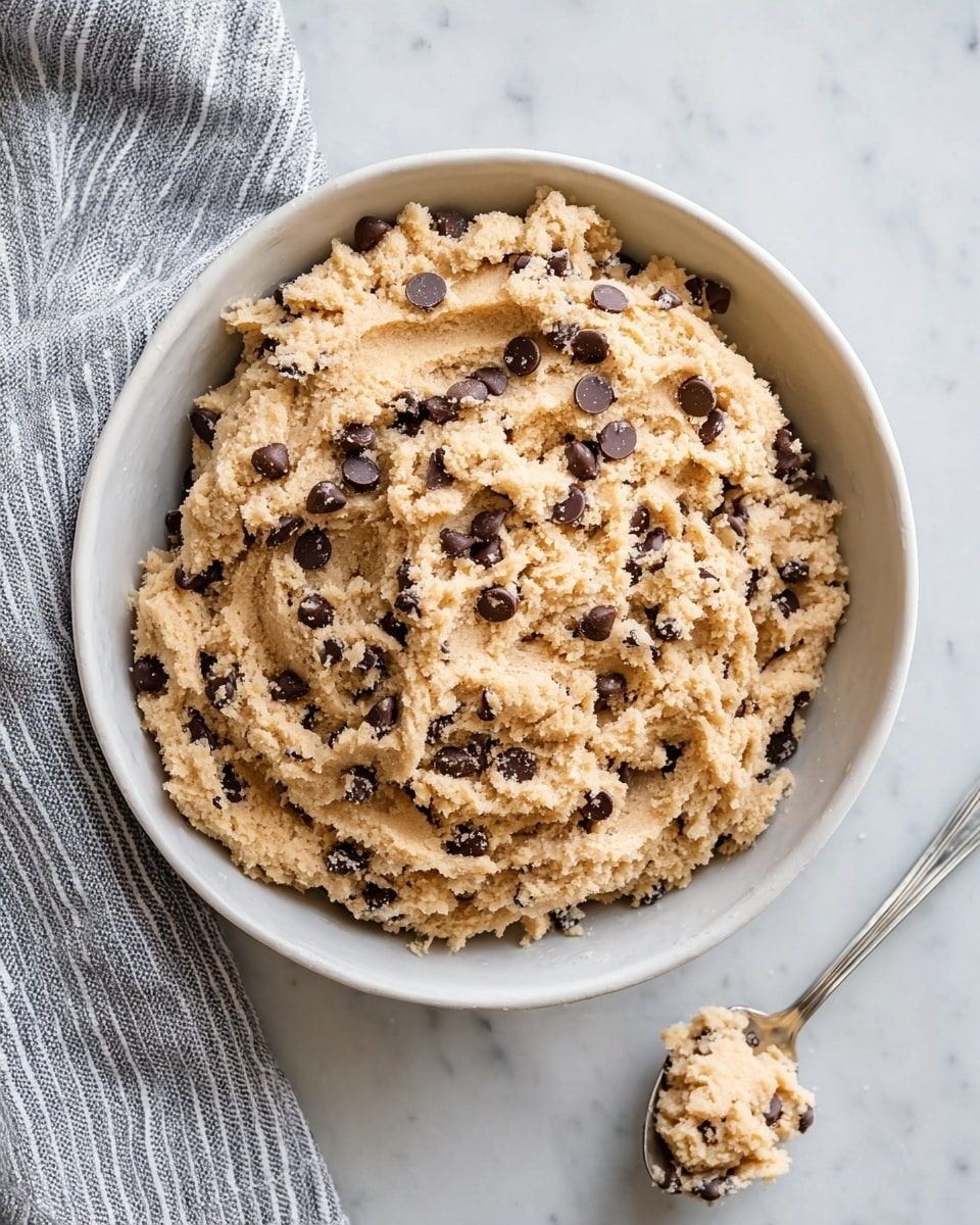A large white bowl filled with light brown chocolate chip cookie dough mixed evenly with small, dark chocolate chips throughout. The dough looks soft and slightly crumbly with a rough texture on top. Next to the bowl, on a white marbled surface, there is a silver spoon holding a small scoop of the same cookie dough. A gray and white striped cloth is partly visible on the left side. Photo taken with an iphone --ar 4:5 --v 7