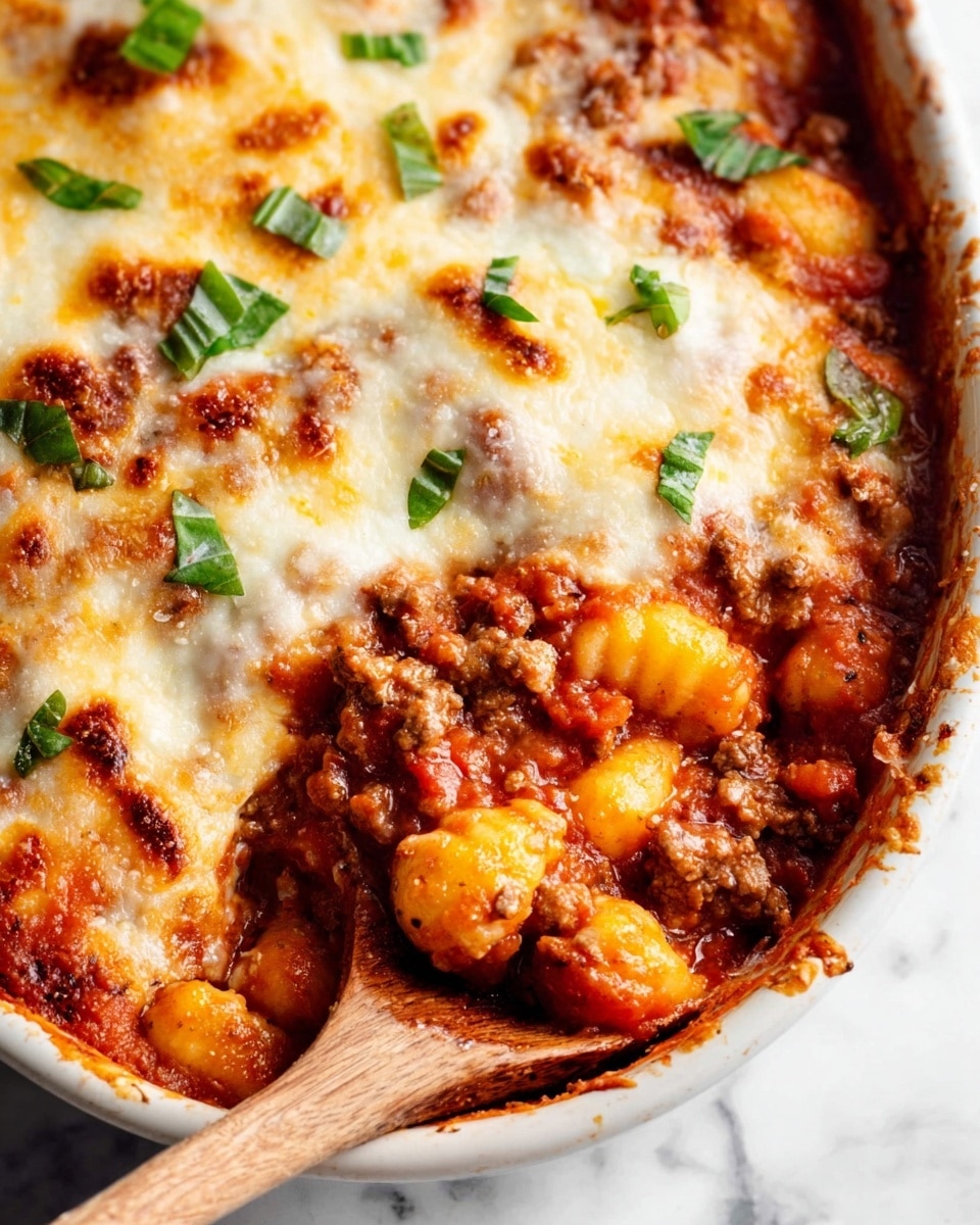 A close-up view of a white ceramic dish filled with baked gnocchi in rich red tomato sauce mixed with browned ground meat, topped with a thick, melted layer of golden cheese that shows slightly browned spots and oil. Fresh green basil pieces are scattered over the cheese for color. A light wooden spoon is partially submerged, scooping some gnocchi and sauce from the right side, showing the chunky texture of the dish. The sides of the dish have browned baked marks, adding to the rustic look. The background surface features a white marbled texture. Photo taken with an iphone --ar 4:5 --v 7