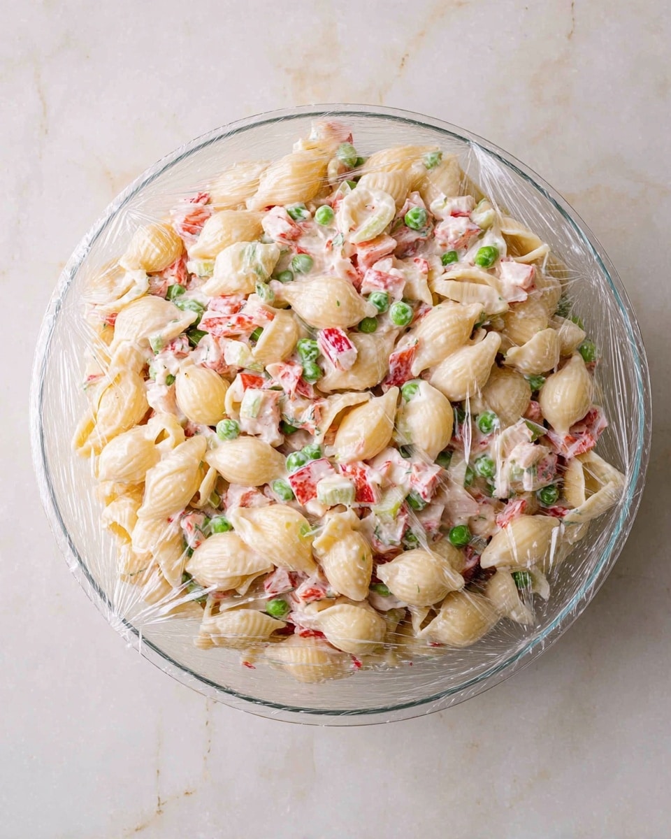 A clear glass bowl filled with a pasta salad sitting on a white marbled surface. The salad has three main layers: the base layer is light yellow shell-shaped pasta, mixed evenly with chopped red bell peppers, green peas, diced celery, and small pieces of white and pink crab sticks. The whole salad is coated with a creamy, off-white dressing, giving it a smooth texture. The bowl is covered tightly with clear plastic wrap, showing slight reflections and folds on its surface. Photo taken with an iphone --ar 4:5 --v 7