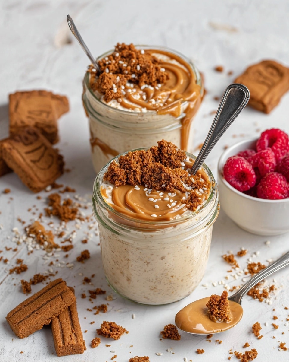 Two glass jars filled with creamy oatmeal sit on a white marbled surface, each topped with crushed brown cookie pieces on one side and a smooth swirl of light brown caramel sauce on the other side, sprinkled with small white seeds. A silver spoon rests inside each jar. Nearby, whole brown cookies and some scattered cookie crumbs are visible, along with a spoon coated with caramel. A small white bowl of bright red raspberries is set to the right, adding a fresh color contrast. The overall scene is bright with soft natural lighting. photo taken with an iphone --ar 4:5 --v 7