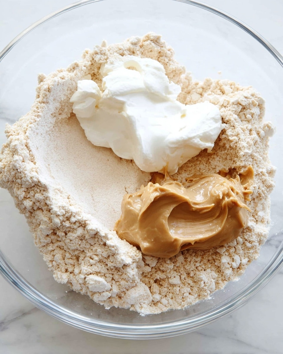 A clear glass bowl holds three main ingredients layered inside: a large base of pale beige powdery flour fills most of the bowl, with a dollop of creamy off-white sour cream placed near the top center, and a generous scoop of smooth, light brown peanut butter positioned just to the right of the sour cream. The textures contrast with the flour's dry crumbly appearance, the sour cream's soft and thick look, and the peanut butter's firm, spreadable surface. The bowl sits on a white marbled surface, adding a clean and fresh background. photo taken with an iphone --ar 4:5 --v 7