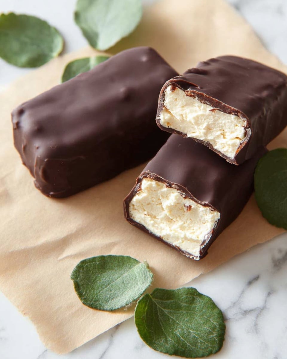 The image shows three rectangular chocolate-covered bars placed on light brown parchment paper over a white marbled surface. Two bars have a creamy beige filling visible at the bitten ends, contrasting with the smooth, dark brown chocolate coating that covers the entire outside. The third bar is whole, showing only the chocolate exterior. There are two green rounded leaves nearby, adding a fresh touch to the scene. The overall look is simple with a clean background, focusing on the layers of chocolate and creamy filling inside the bars photo taken with an iphone --ar 4:5 --v 7