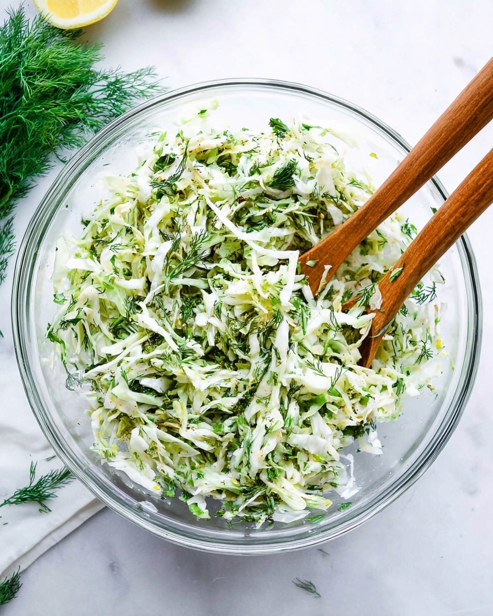 A clear glass bowl holds a mix of thinly sliced white cabbage and green herbs, with little bits of dark green dill and cilantro spread throughout. The salad looks fresh and light with a texture of shredded leaves and herbs mixed well together. Two wooden salad spoons stick into the bowl, resting on the edges, ready to serve the salad. The setting is on a white marbled surface with some fresh green dill on the top left and a hint of a lemon slice on the left side. The whole image has a bright and clean feel. photo taken with an iphone --ar 4:5 --v 7