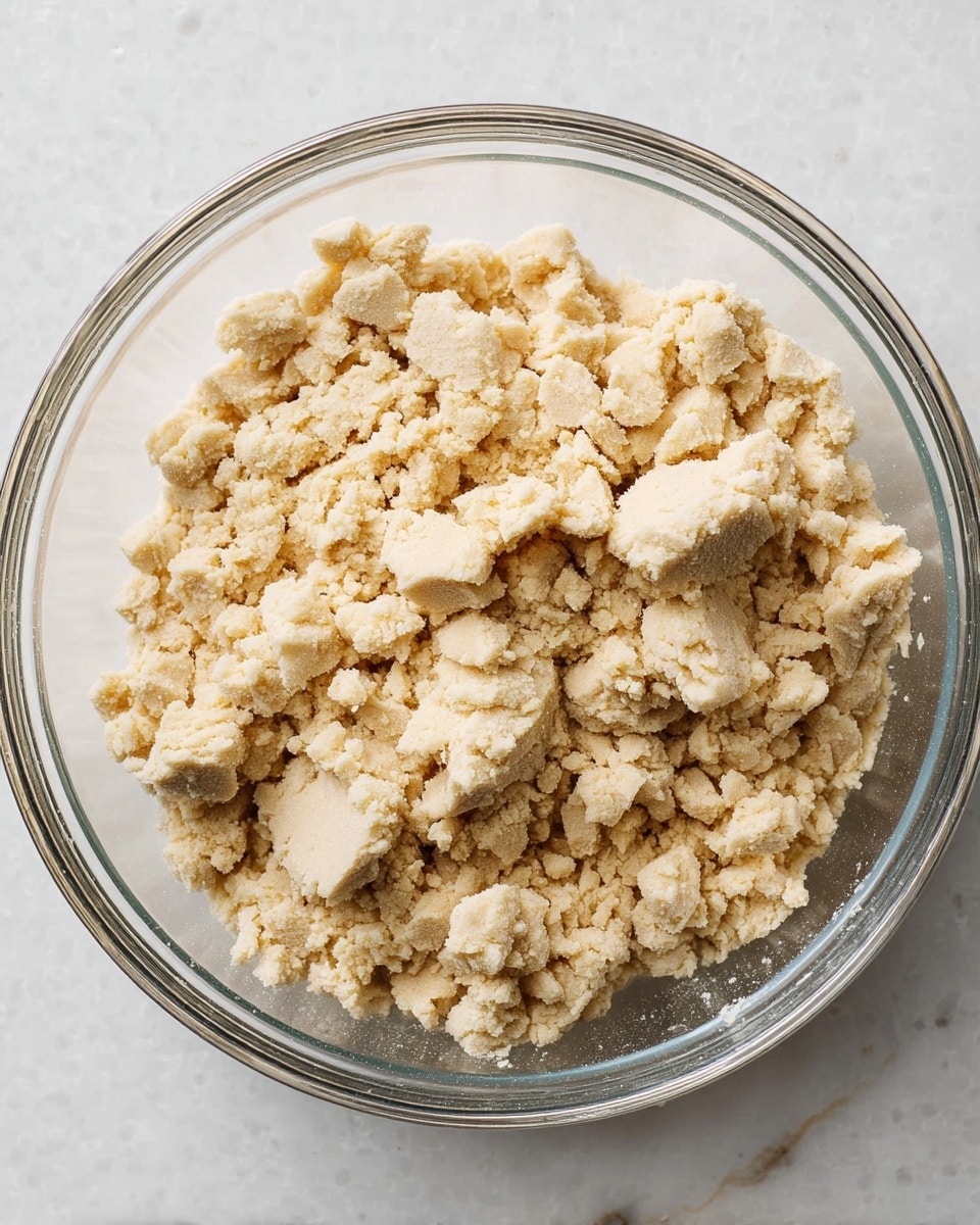A clear glass bowl is filled with crumbly dough pieces that are light beige in color, showing a mix of small and bigger chunks with a soft, grainy texture. The bowl is set on a white marbled surface, and the dough looks like it is ready for pressing or rolling. photo taken with an iphone --ar 4:5 --v 7